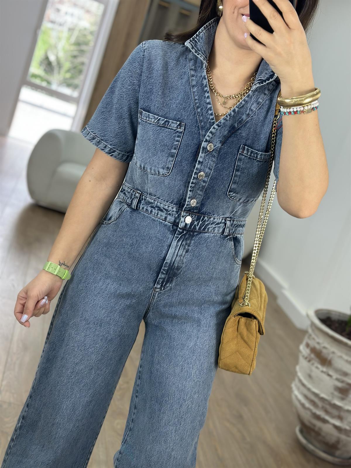 Önden Düğmeli Kısa Kollu Denim Tulum