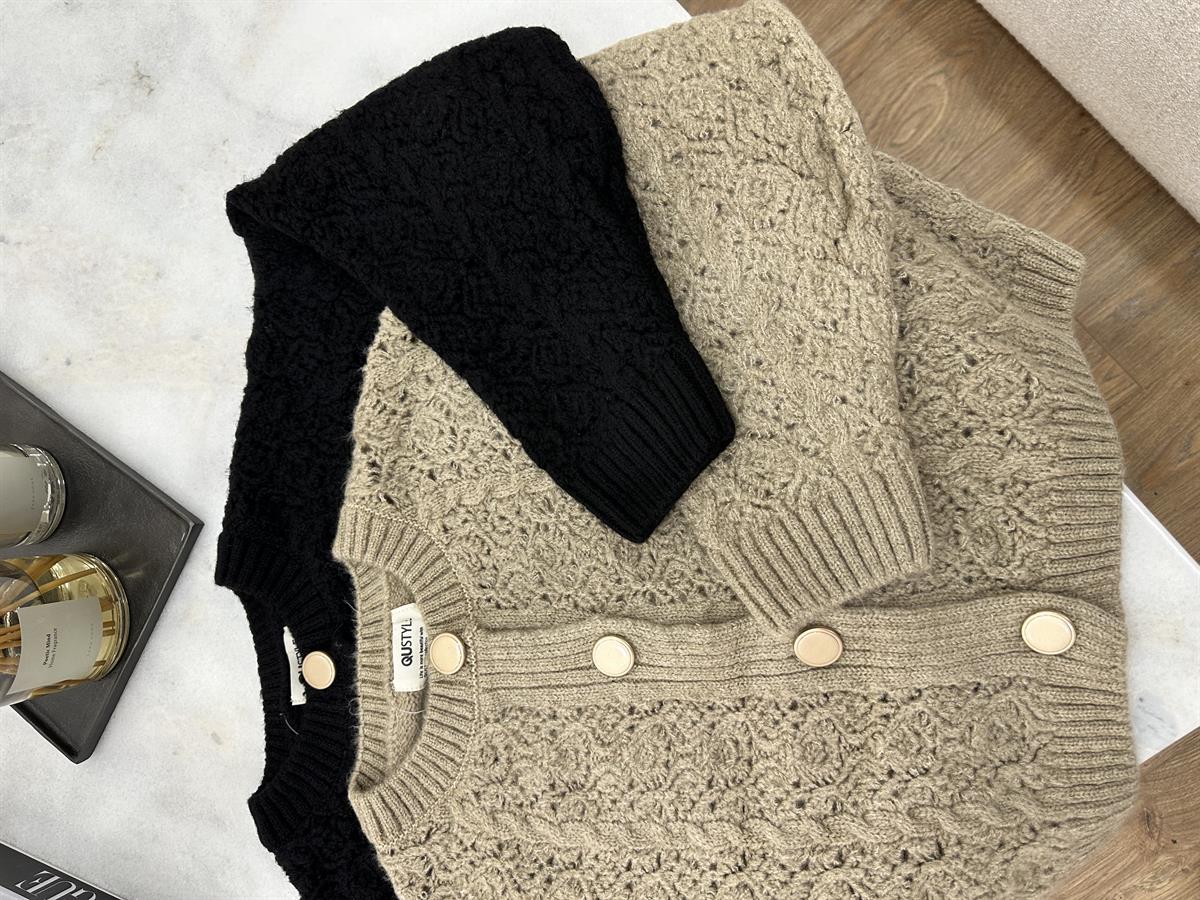 Önden Düğmeli Örgü Hırka-Vizon