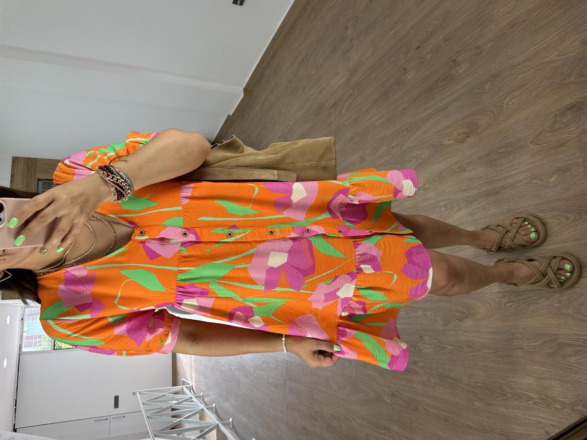 Önden Düğmeli Renkli Elbise-Turuncu