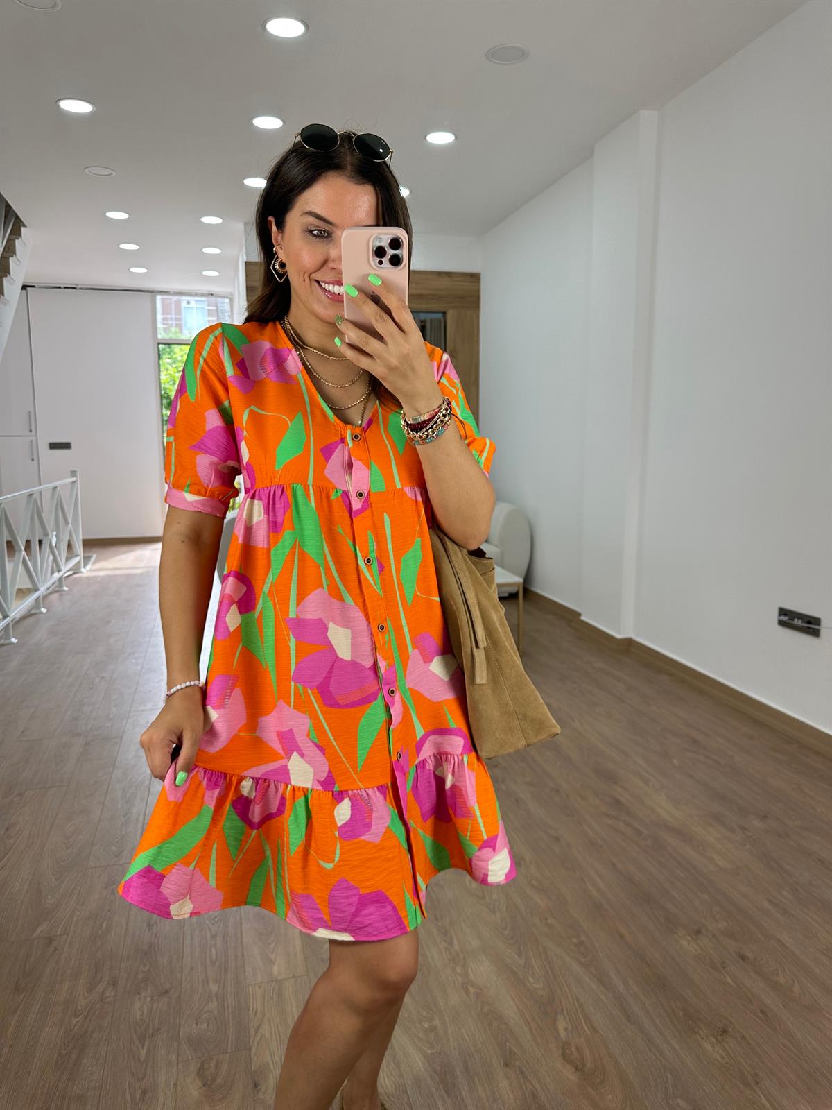 Önden Düğmeli Renkli Elbise-Turuncu