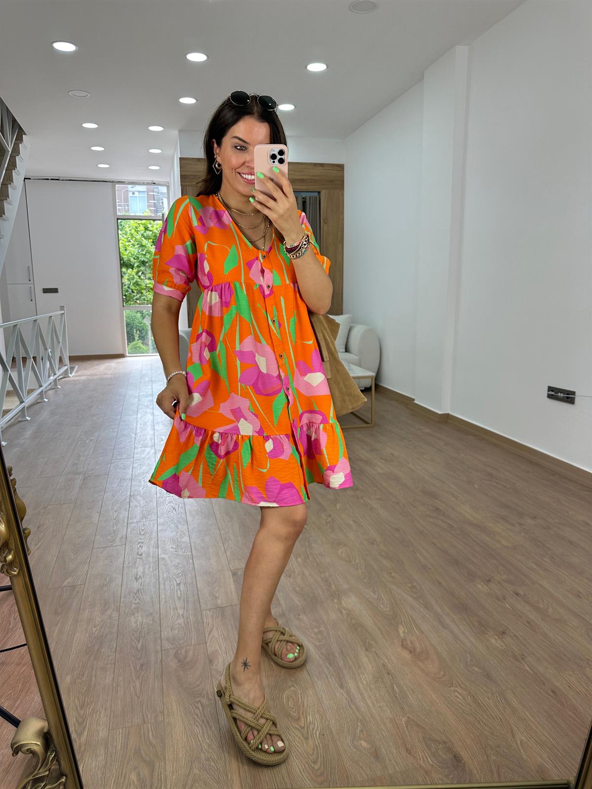 Önden Düğmeli Renkli Elbise-Turuncu