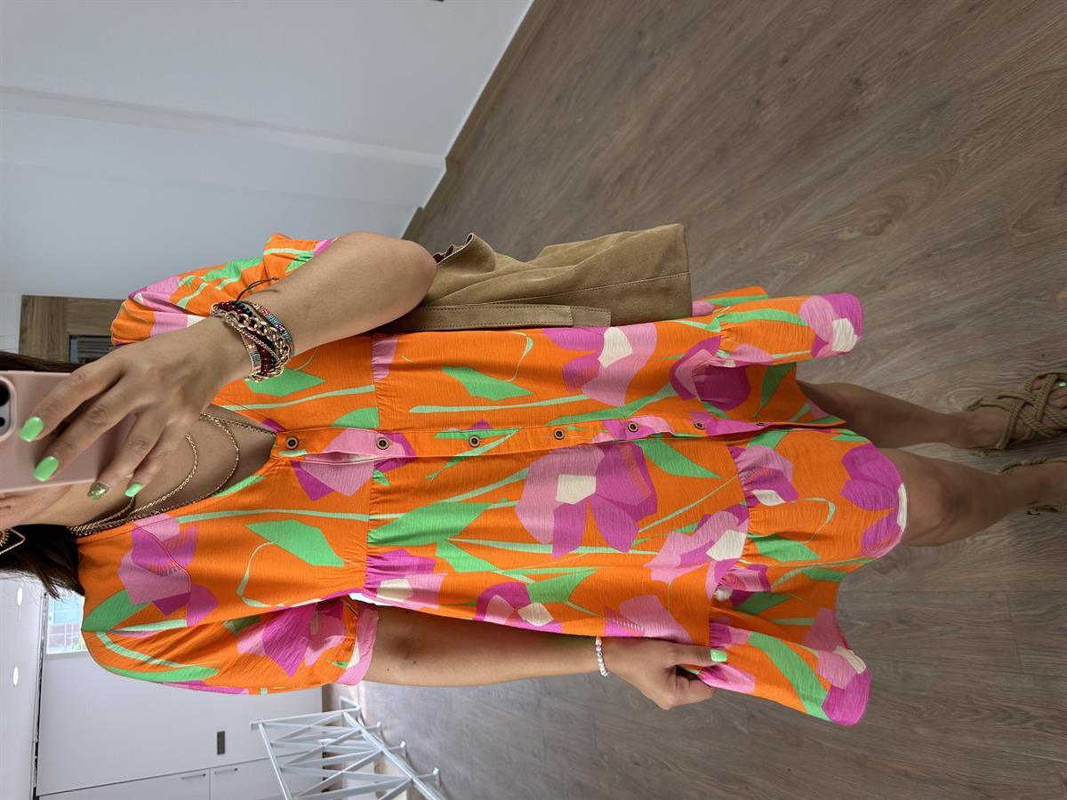 Önden Düğmeli Renkli Elbise-Turuncu