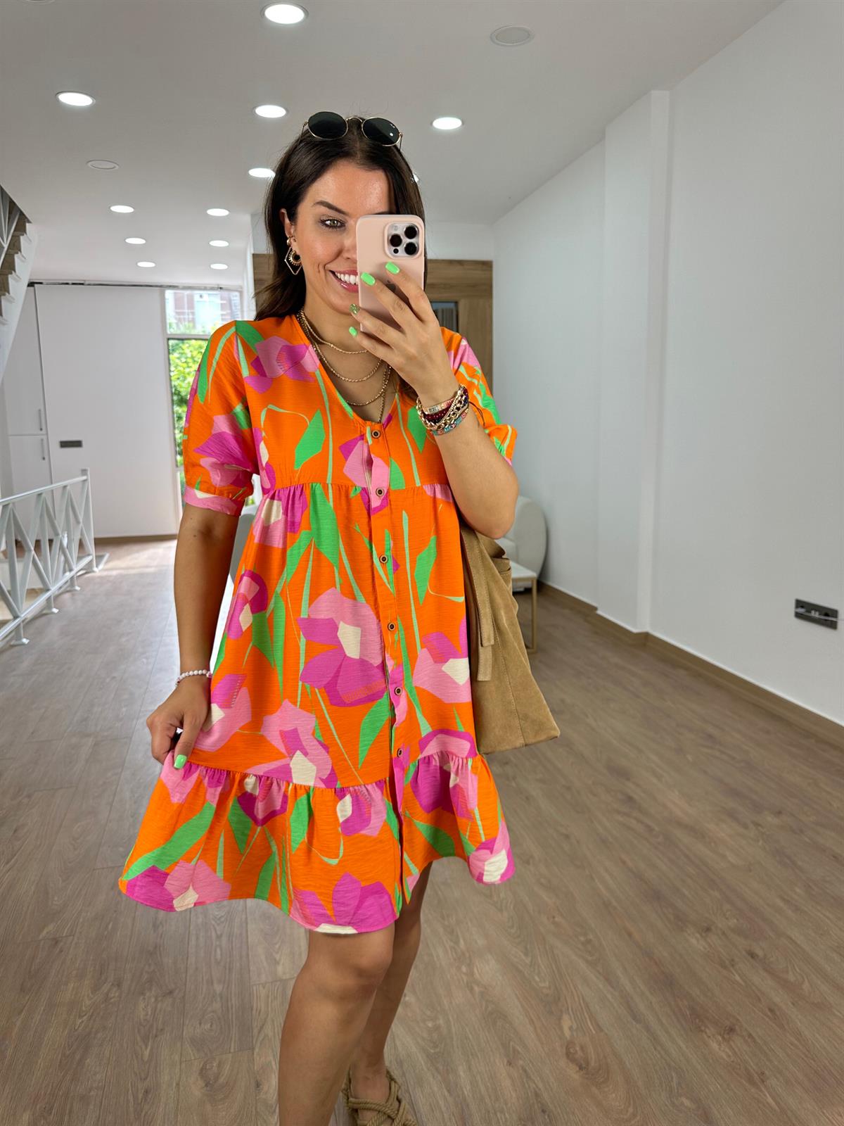 Önden Düğmeli Renkli Elbise-Turuncu