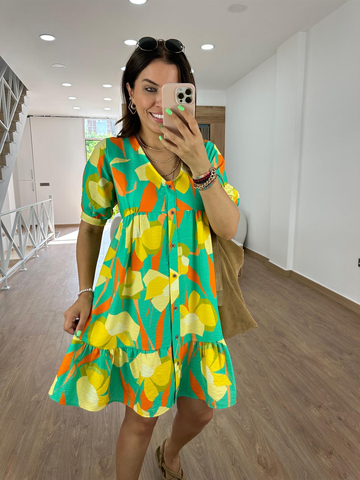 Önden Düğmeli Renkli Elbise-Yeşil