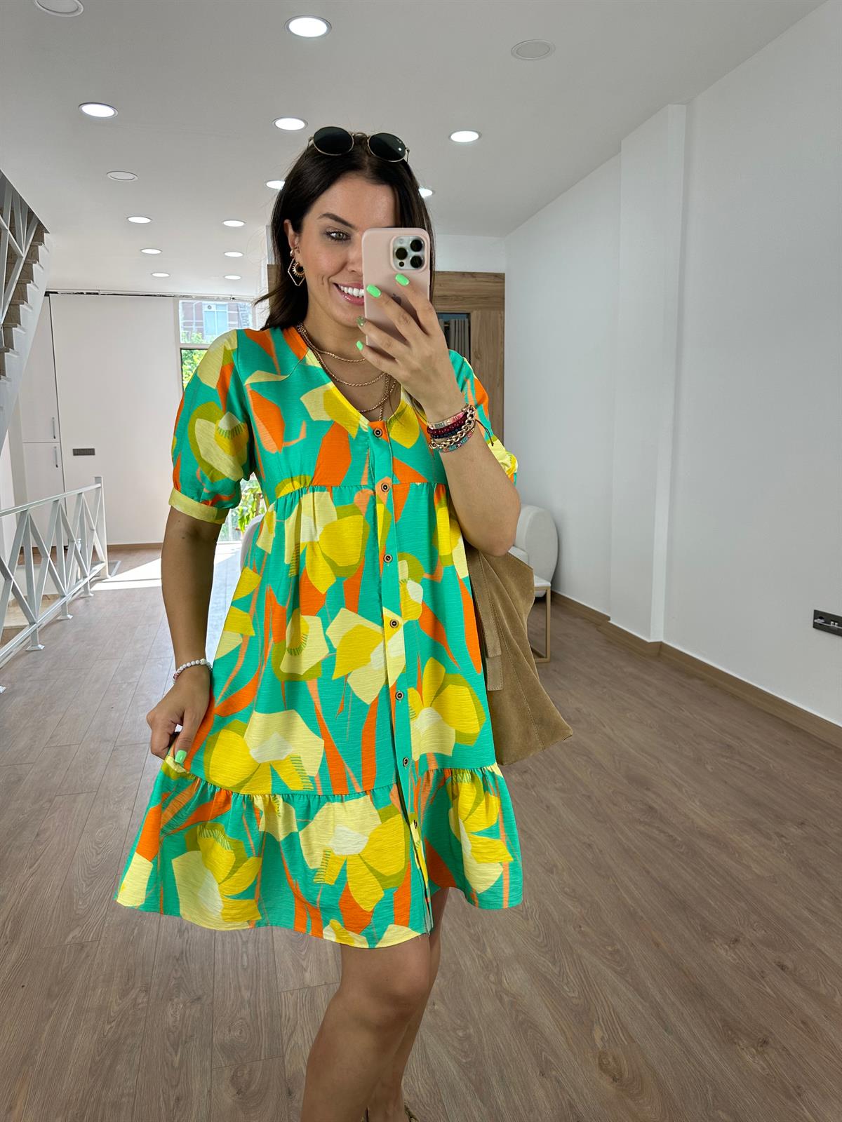 Önden Düğmeli Renkli Elbise-Yeşil