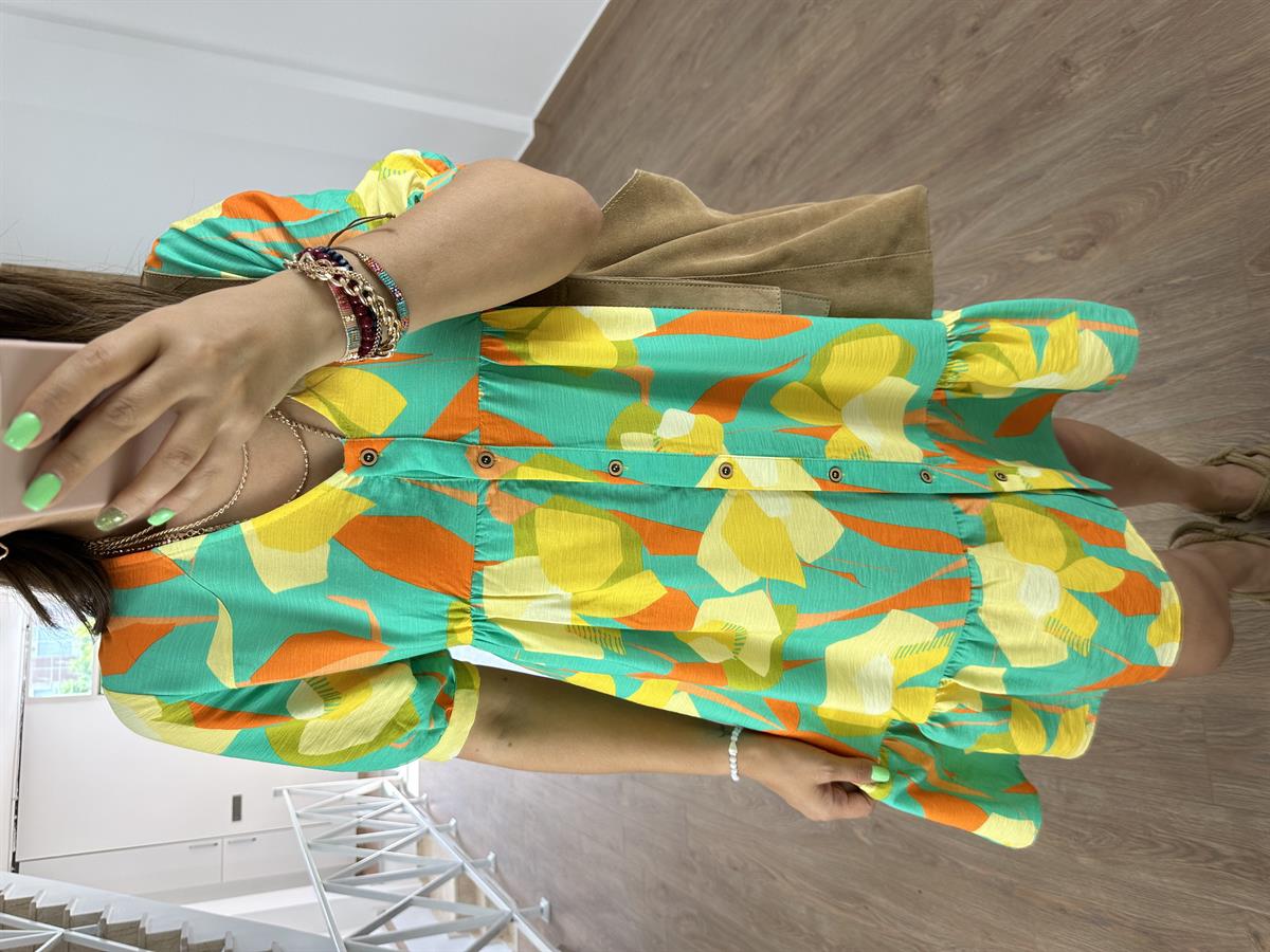 Önden Düğmeli Renkli Elbise-Yeşil