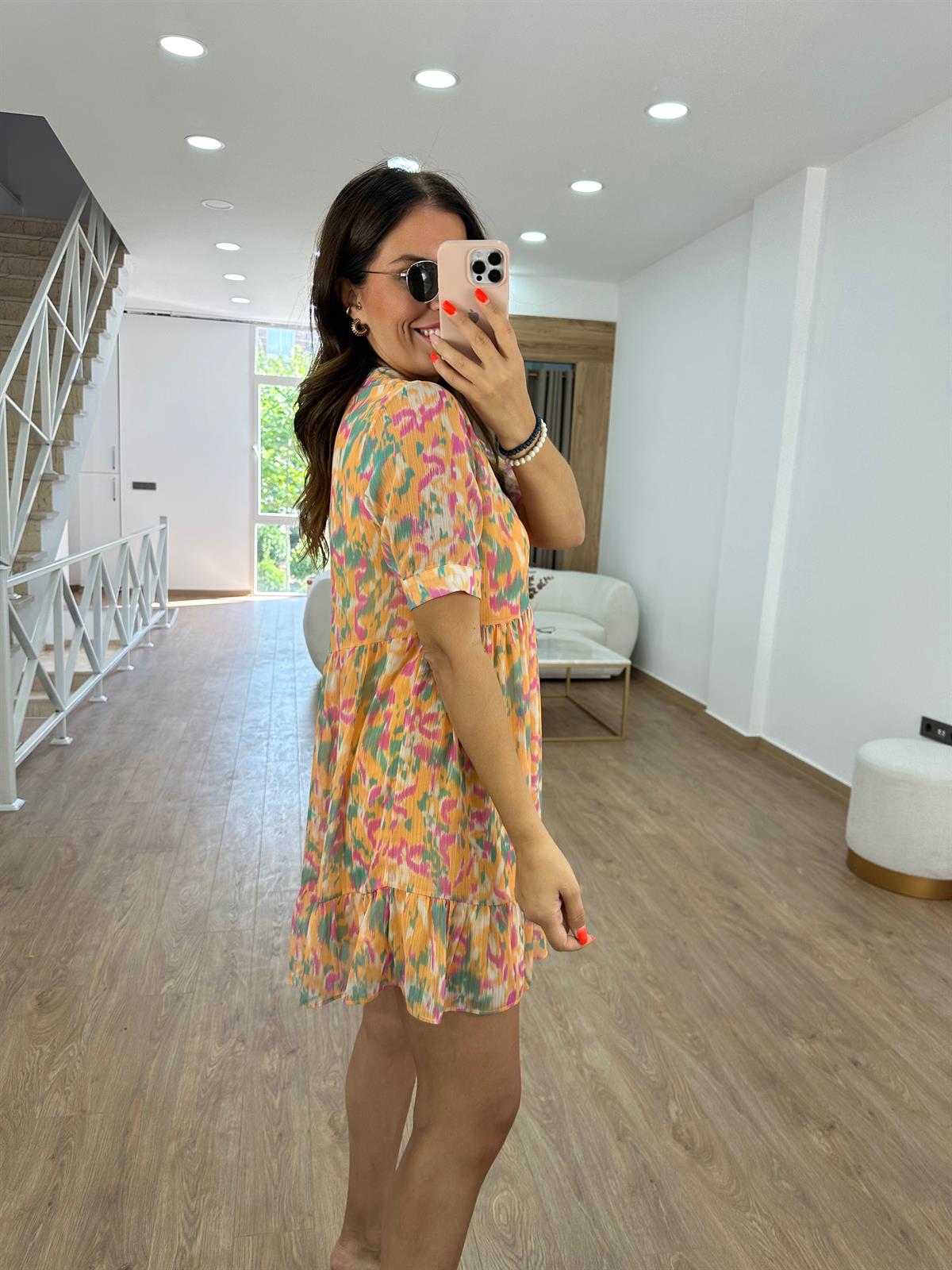 Önden Düğmeli Renkli Şifon Elbise