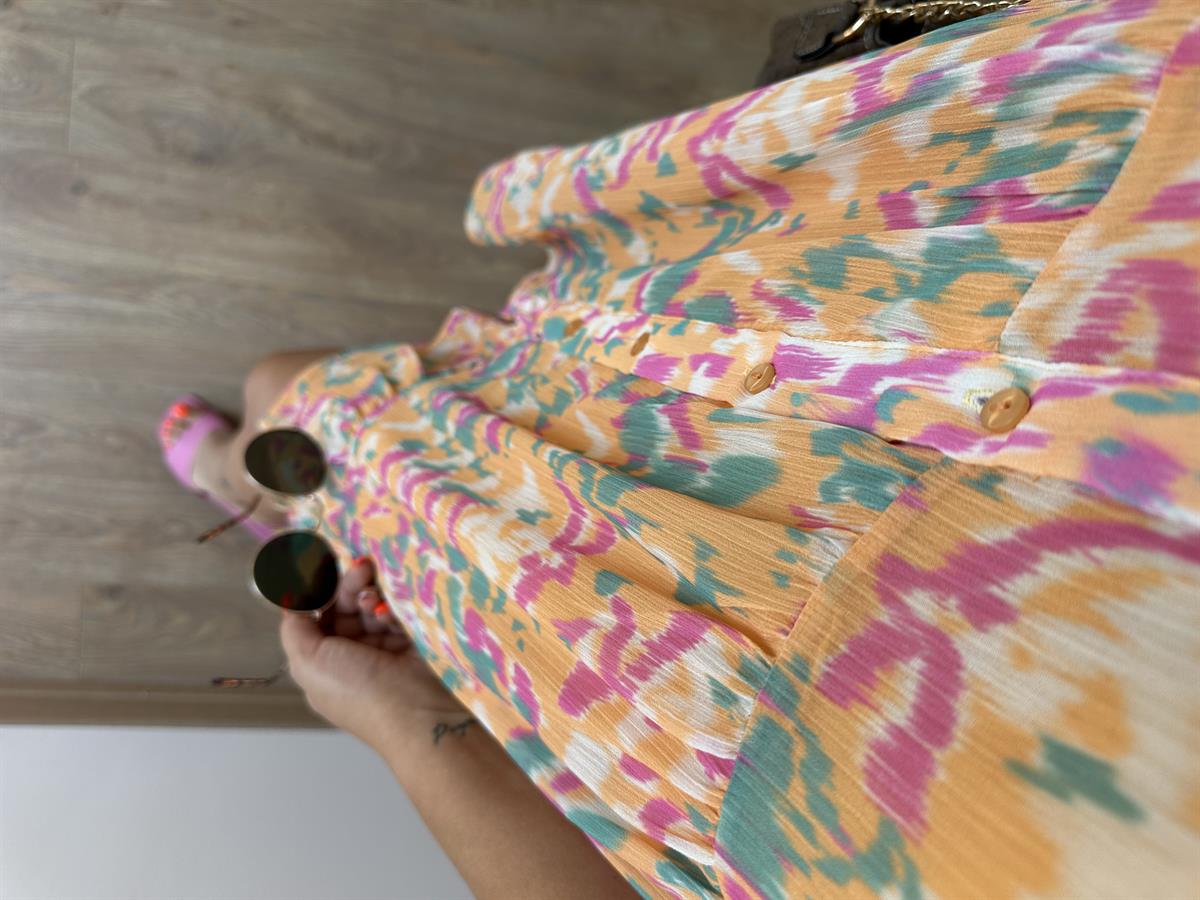 Önden Düğmeli Renkli Şifon Elbise