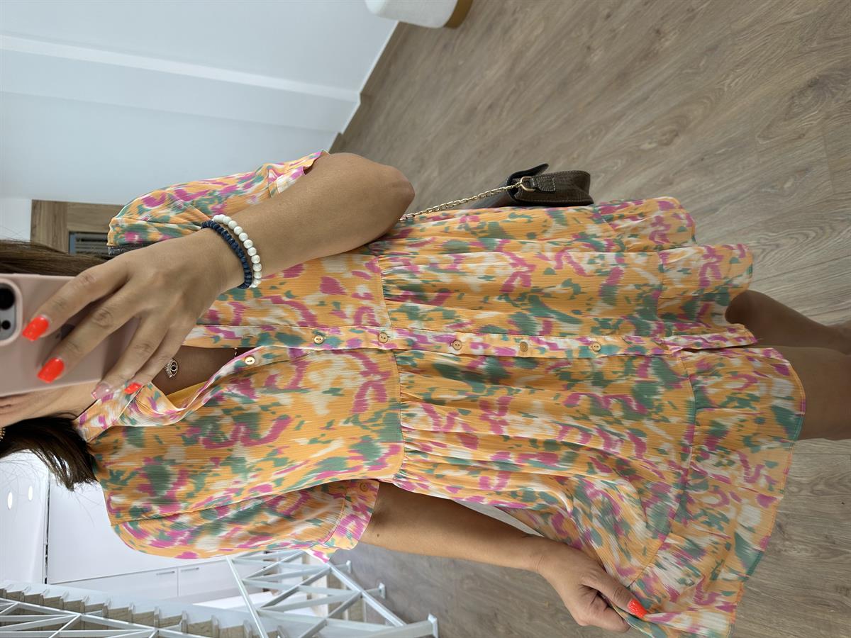 Önden Düğmeli Renkli Şifon Elbise