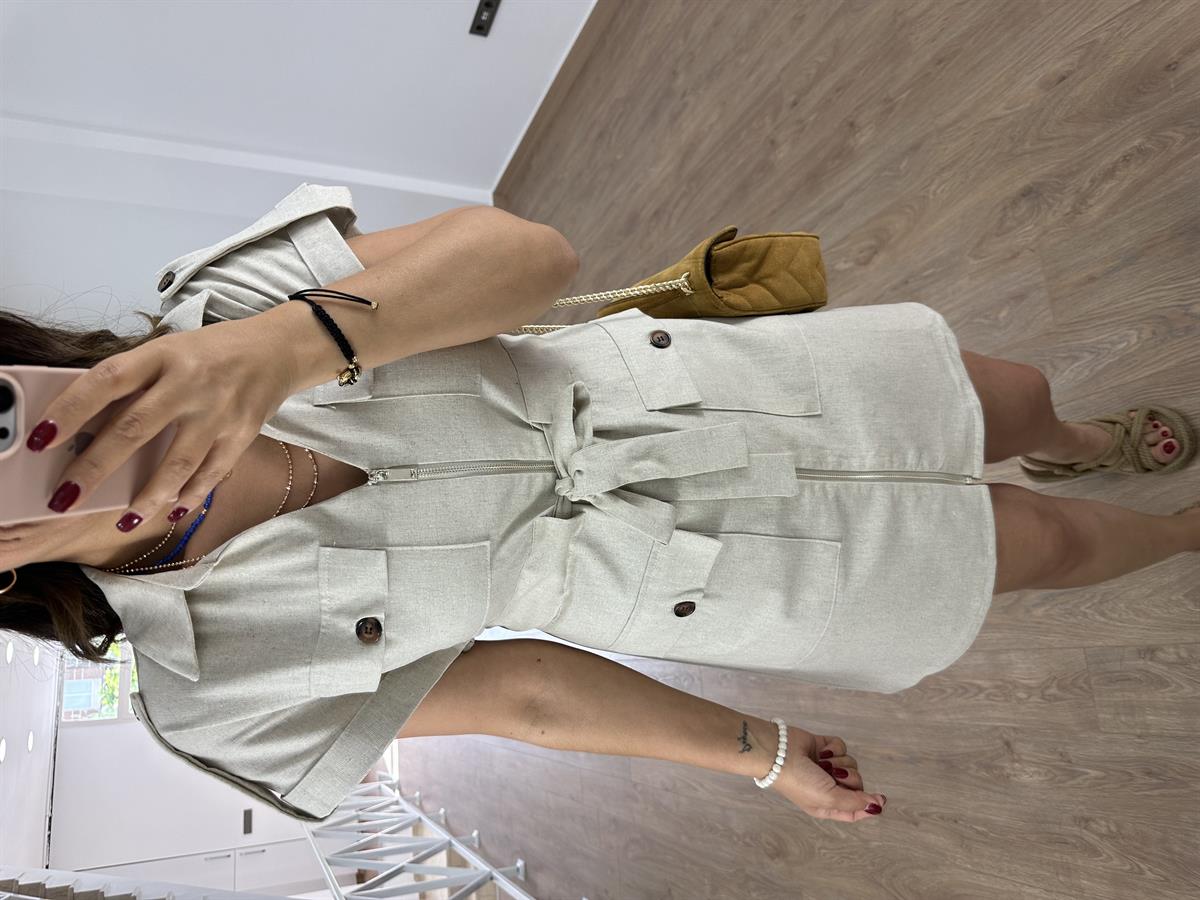 Önden Fermuarlı Apoletli Keten Elbise