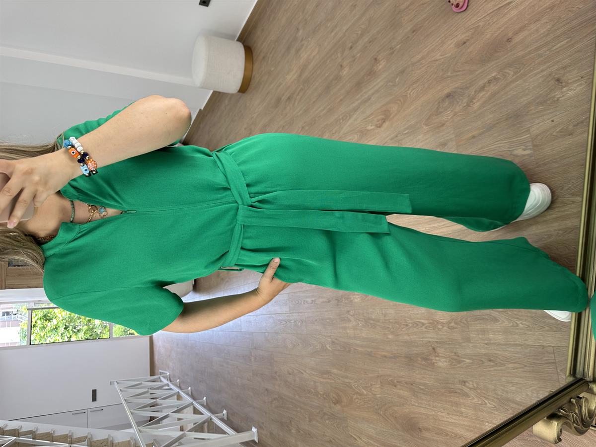 Önden Fermuarlı Marka Model Keten Tulum-Yeşil