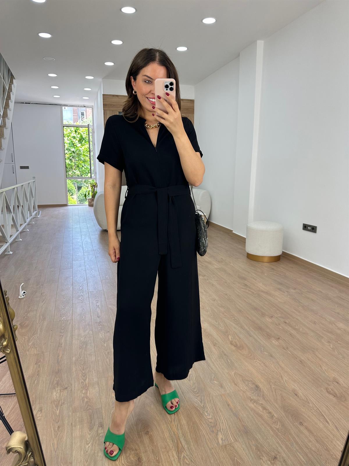 Önden Fermuarlı Marka Model Keten Tulum-Siyah