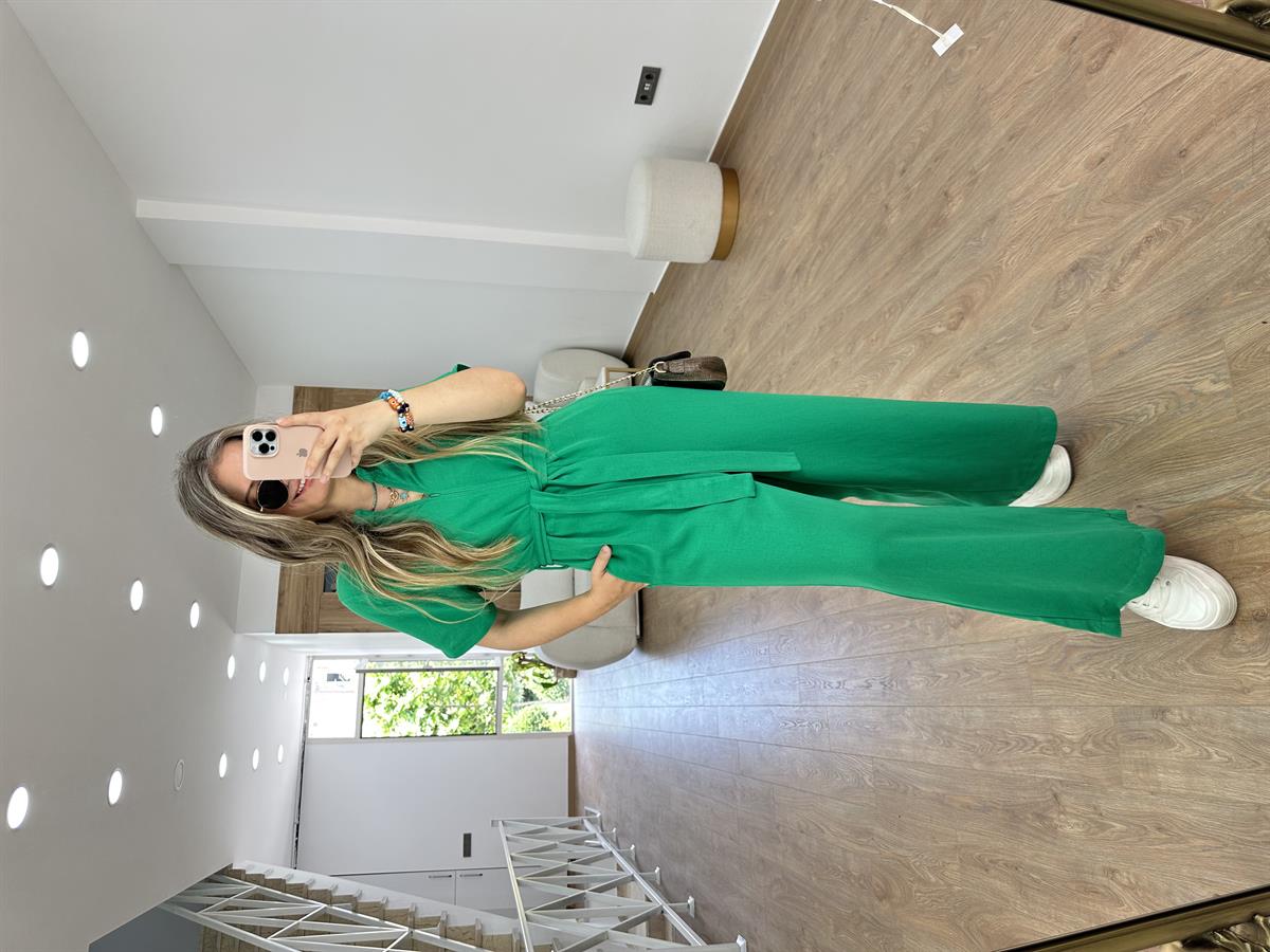 Önden Fermuarlı Marka Model Keten Tulum-Yeşil