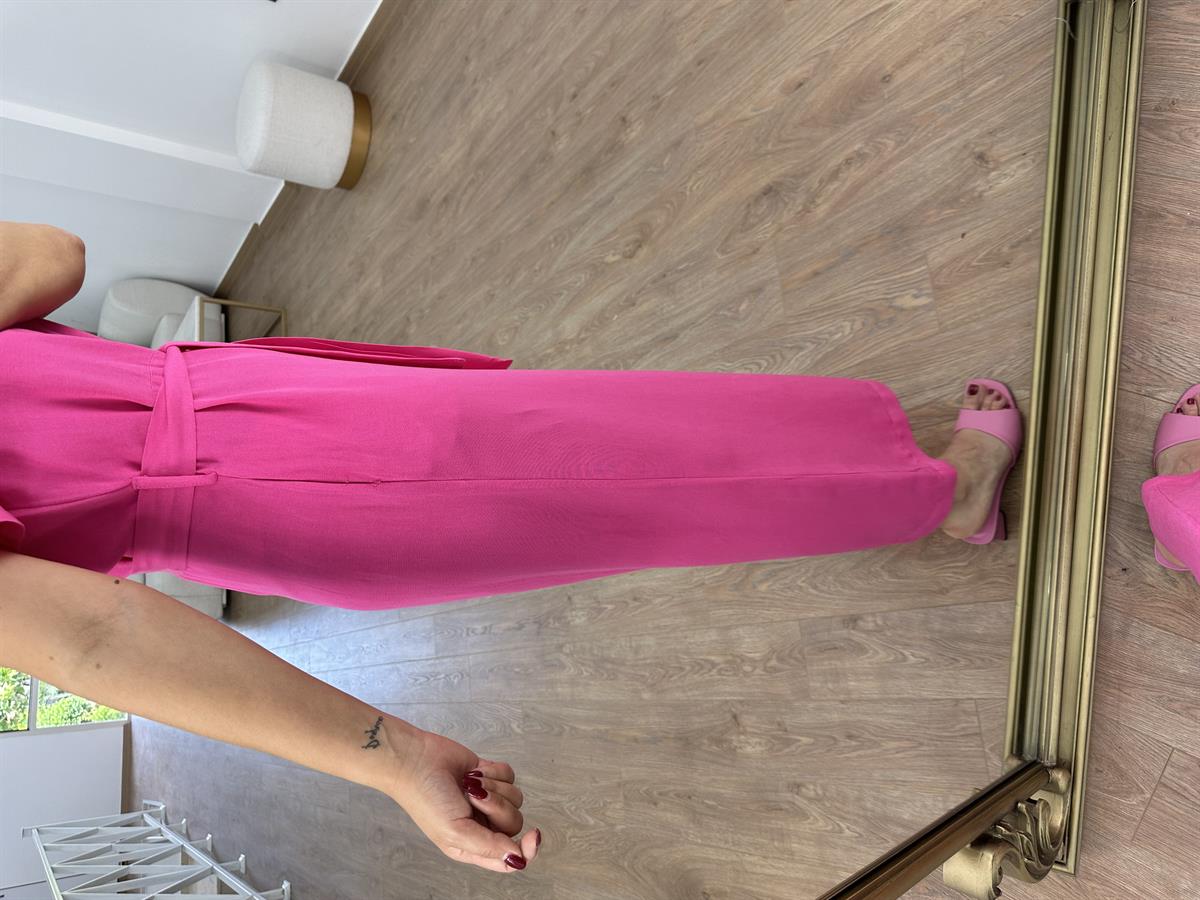 Önden Fermuarlı Marka Model Keten Tulum-Pembe