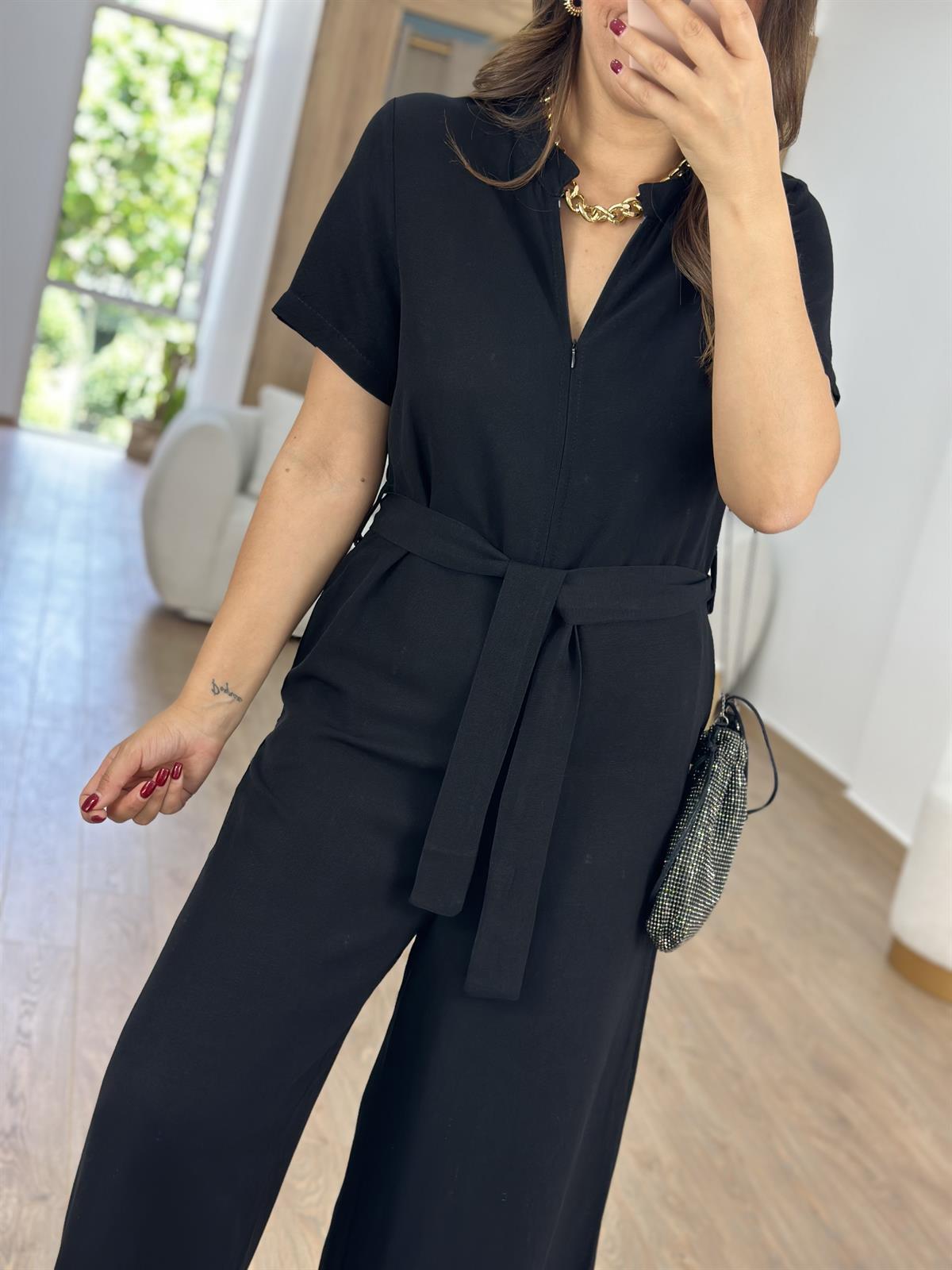 Önden Fermuarlı Marka Model Keten Tulum-Siyah