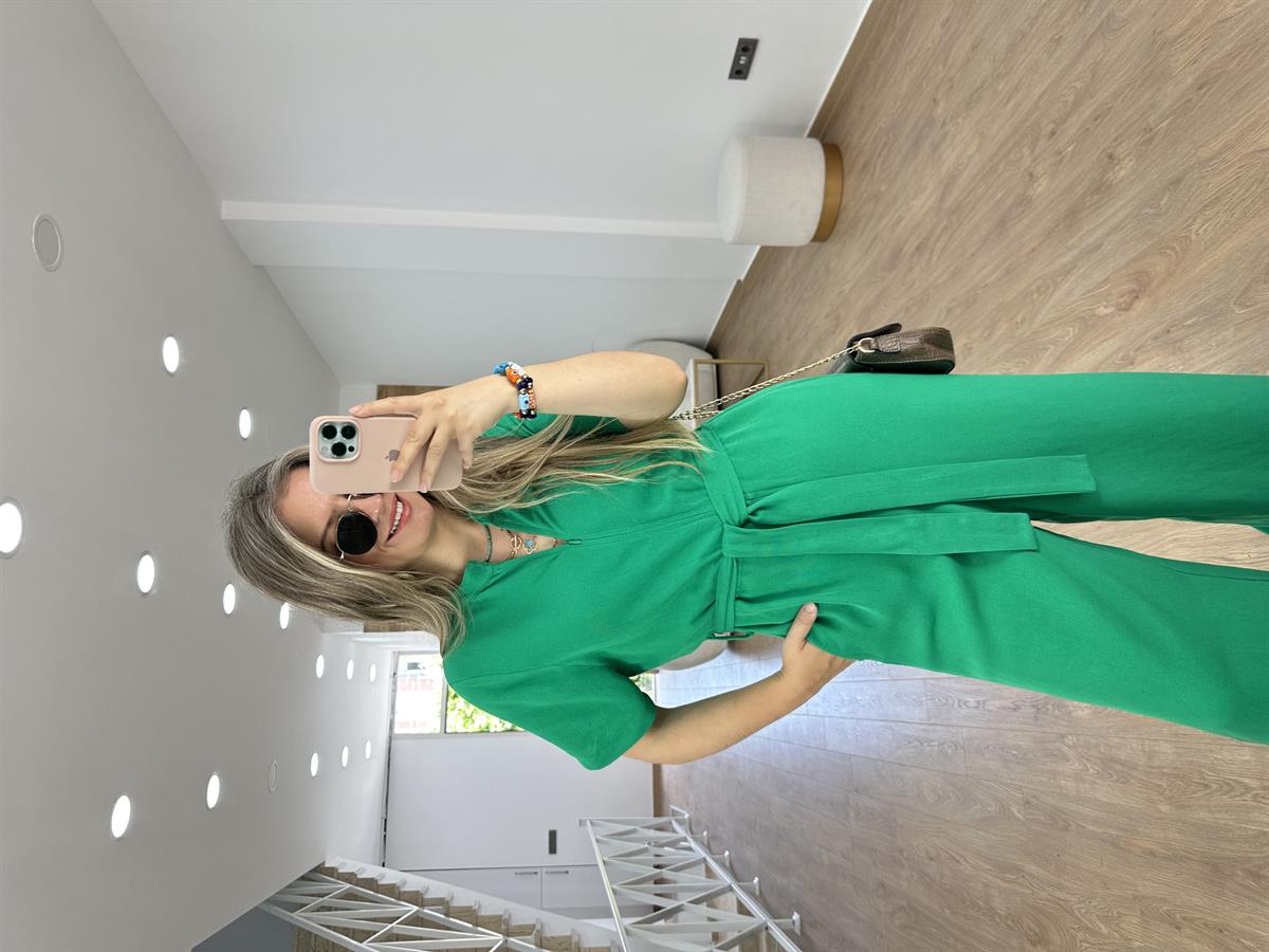 Önden Fermuarlı Marka Model Keten Tulum-Yeşil