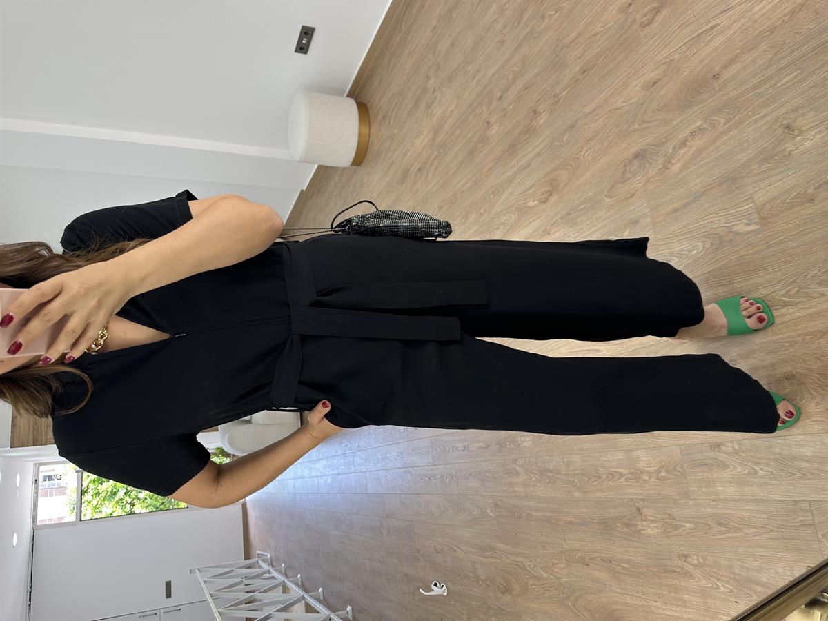 Önden Fermuarlı Marka Model Keten Tulum-Siyah