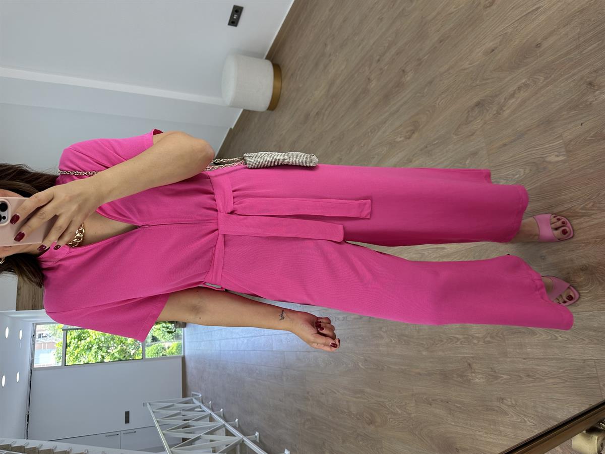 Önden Fermuarlı Marka Model Keten Tulum-Pembe