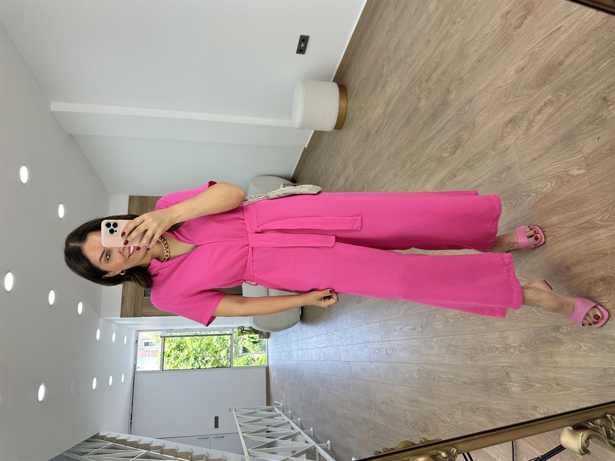 Önden Fermuarlı Marka Model Keten Tulum-Pembe