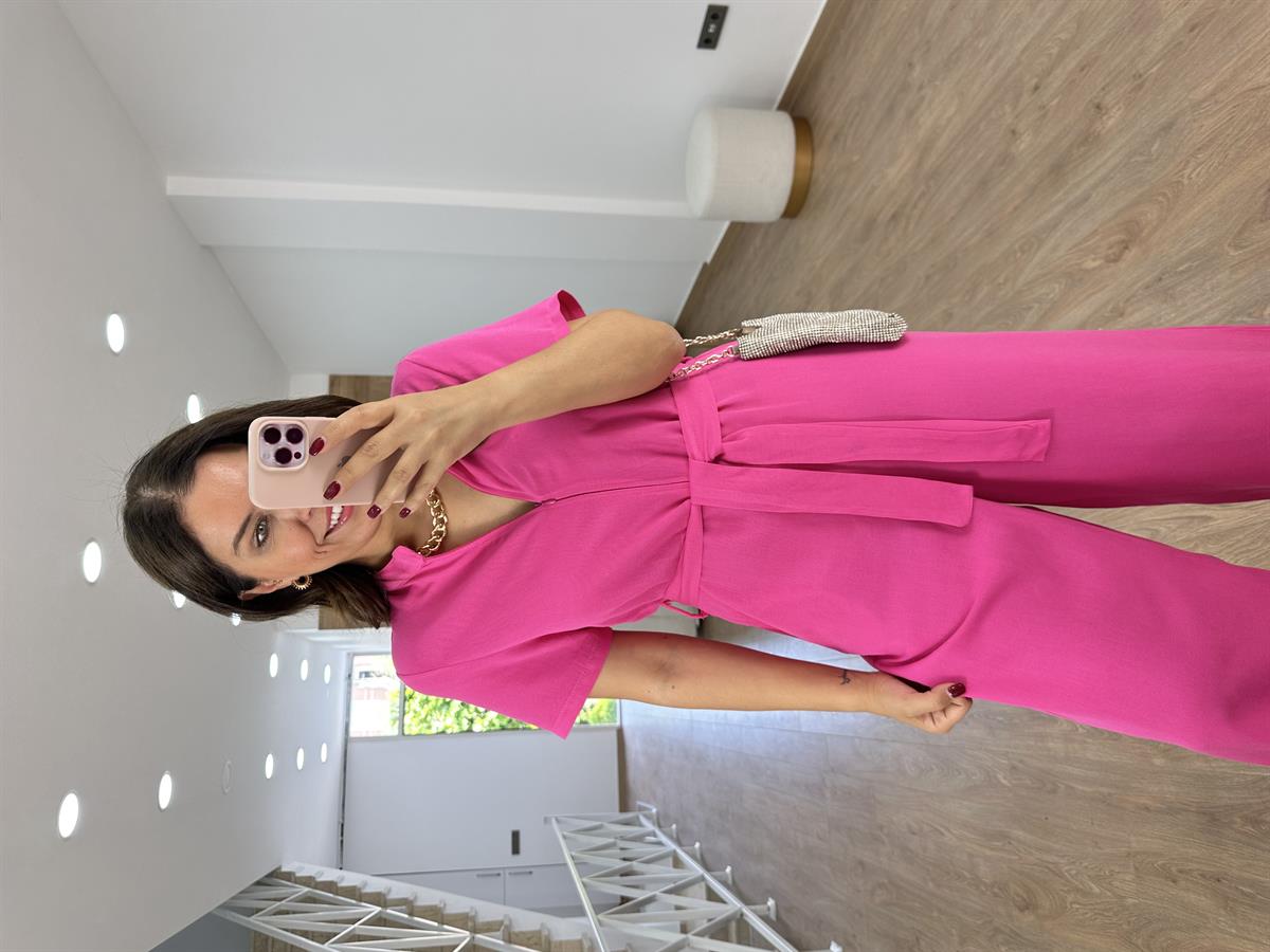 Önden Fermuarlı Marka Model Keten Tulum-Pembe