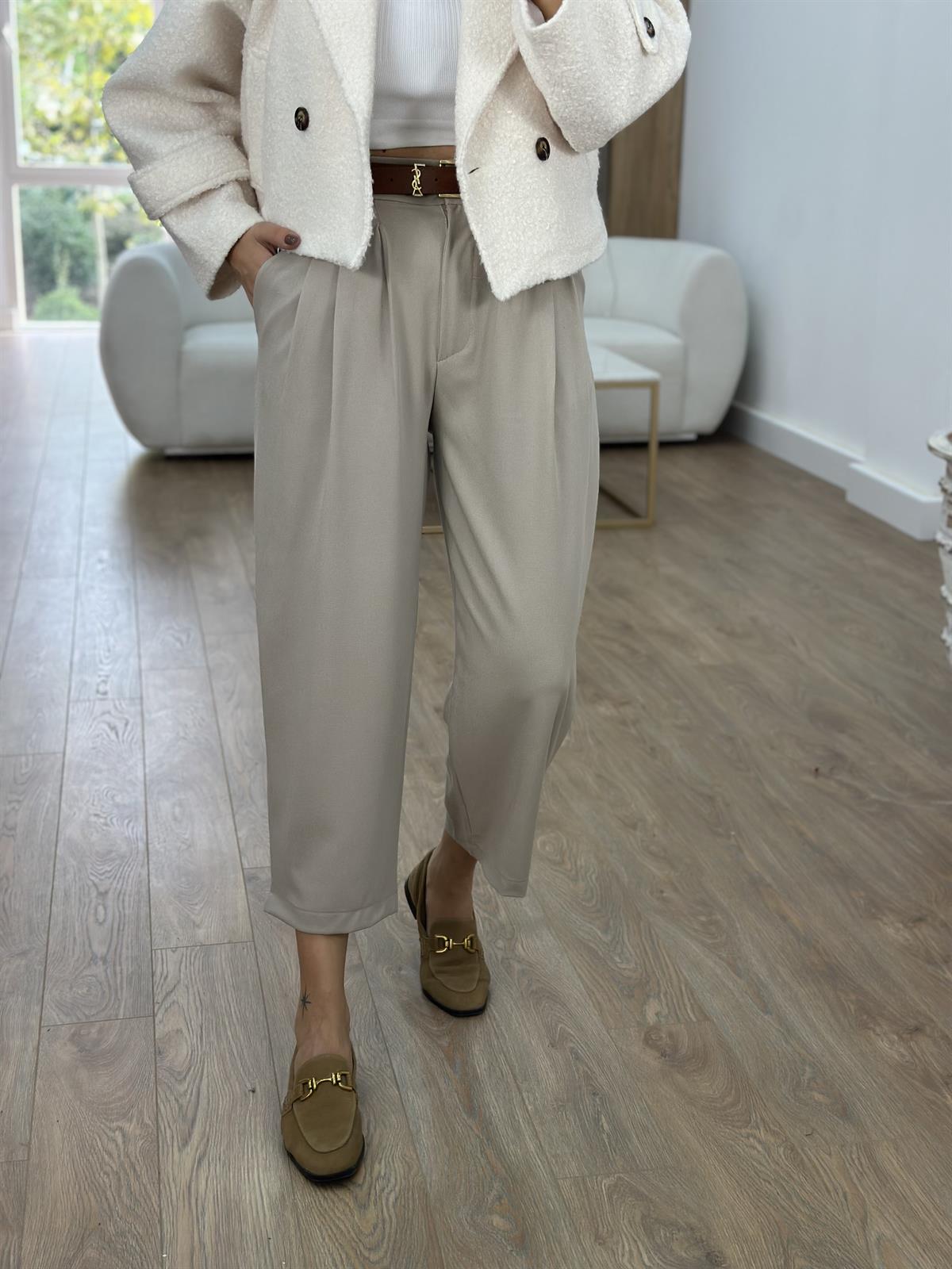 Önden Pileli Şalvar Pantolon-Vizon