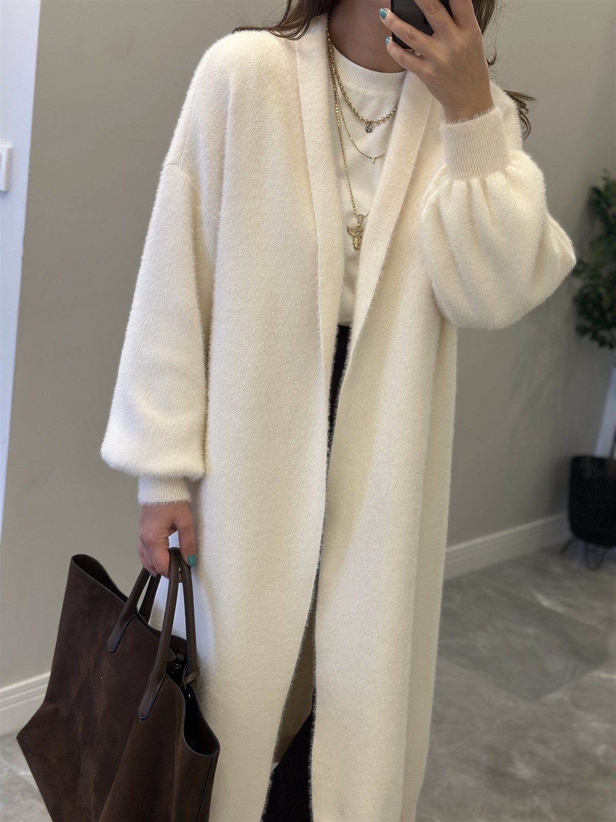 Önü Açık Şal Yaka Hırka - Ekru