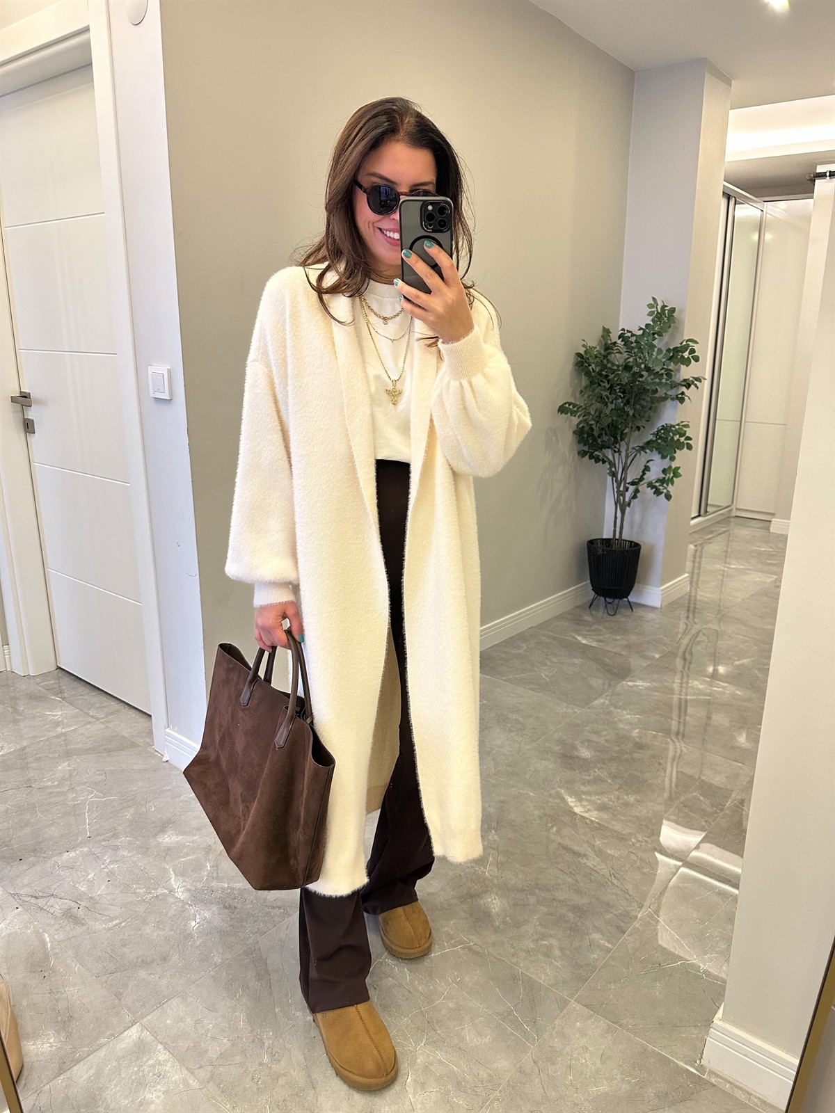 Önü Açık Şal Yaka Hırka - Ekru