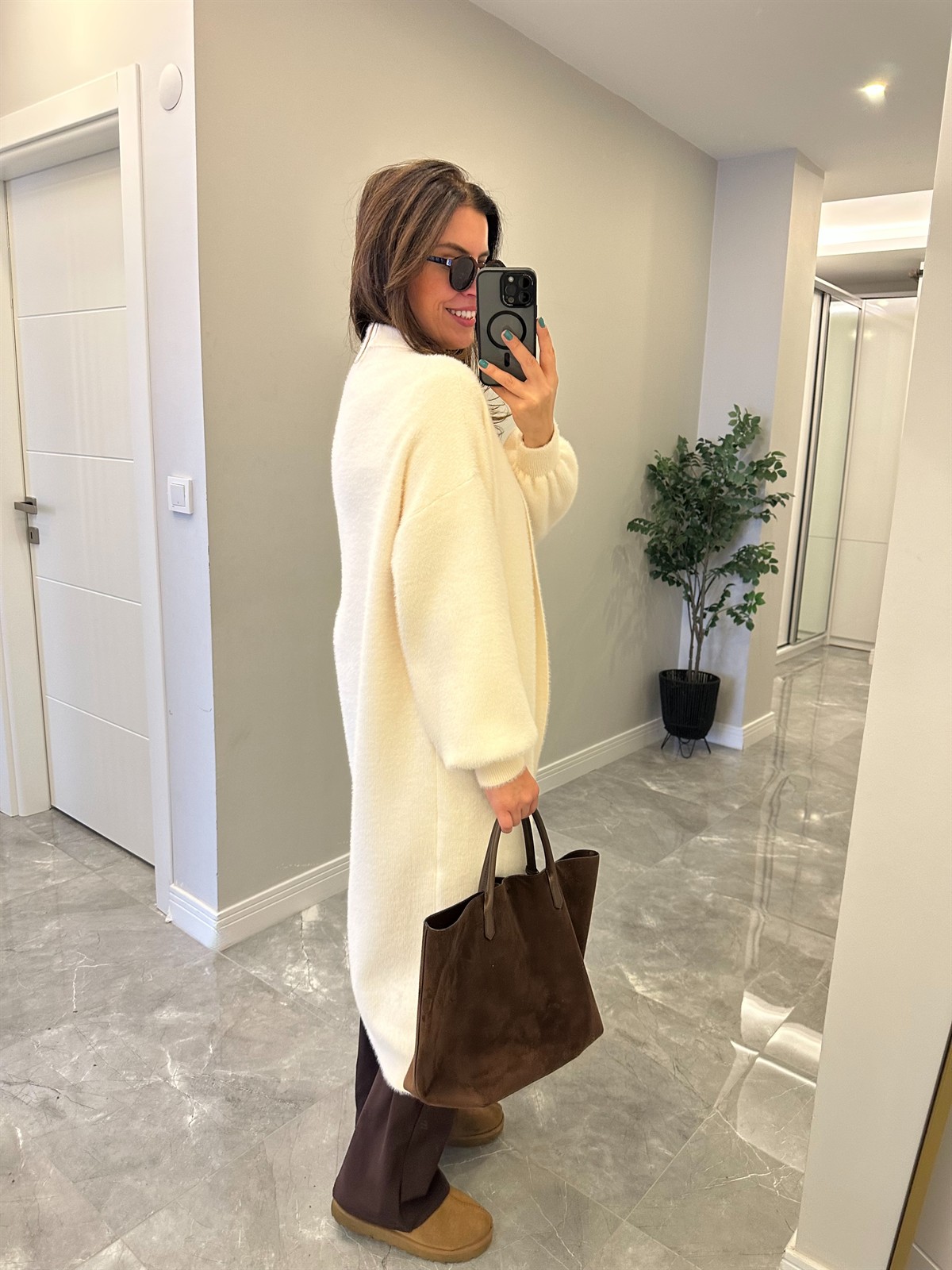 Önü Açık Şal Yaka Hırka - Ekru