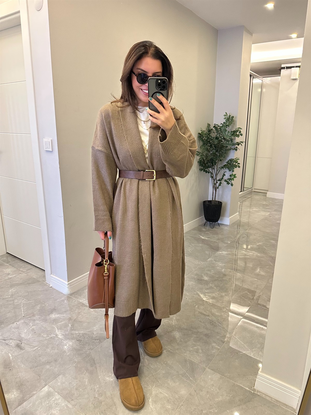 Önü Açık Şal Yaka Hırka - Vizon