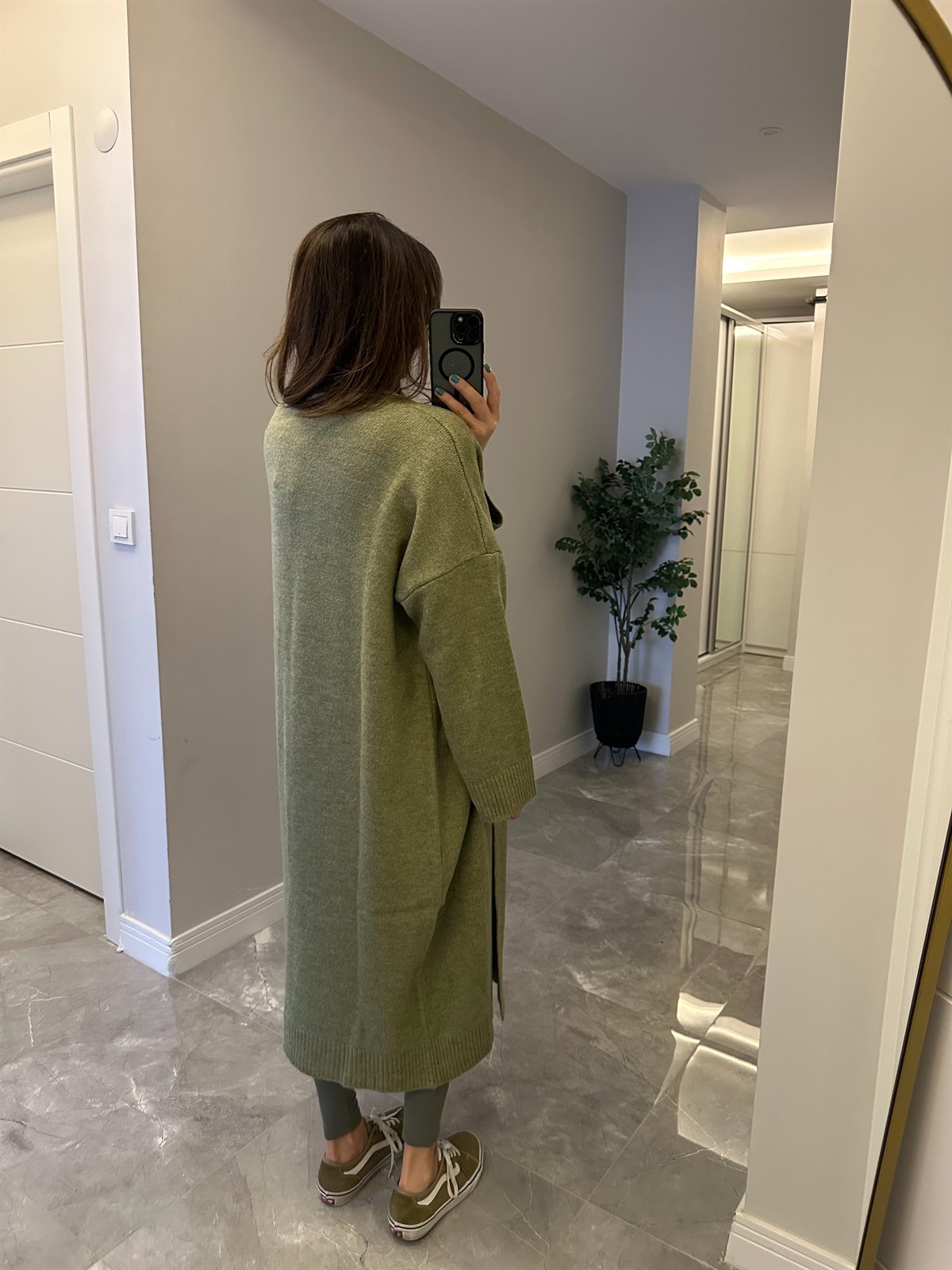 Önü Açık Şal Yaka Hırka - Yeşil