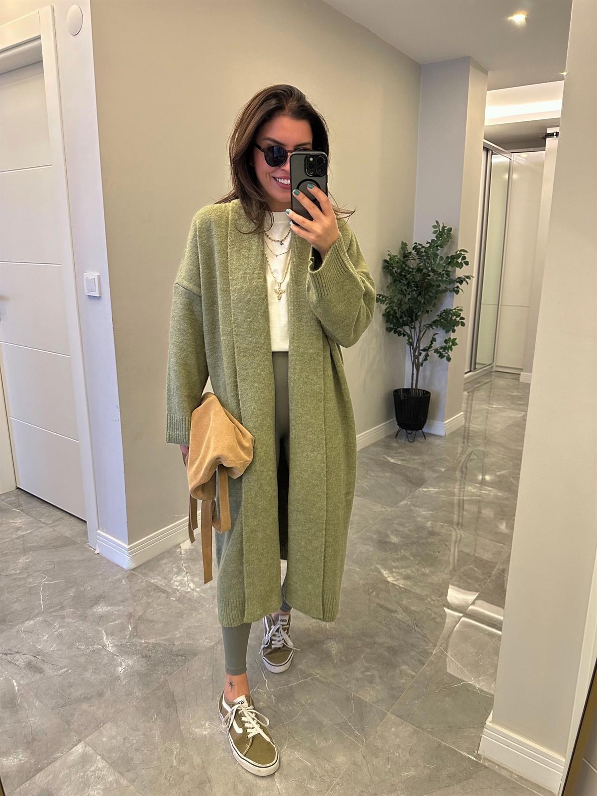 Önü Açık Şal Yaka Hırka - Yeşil