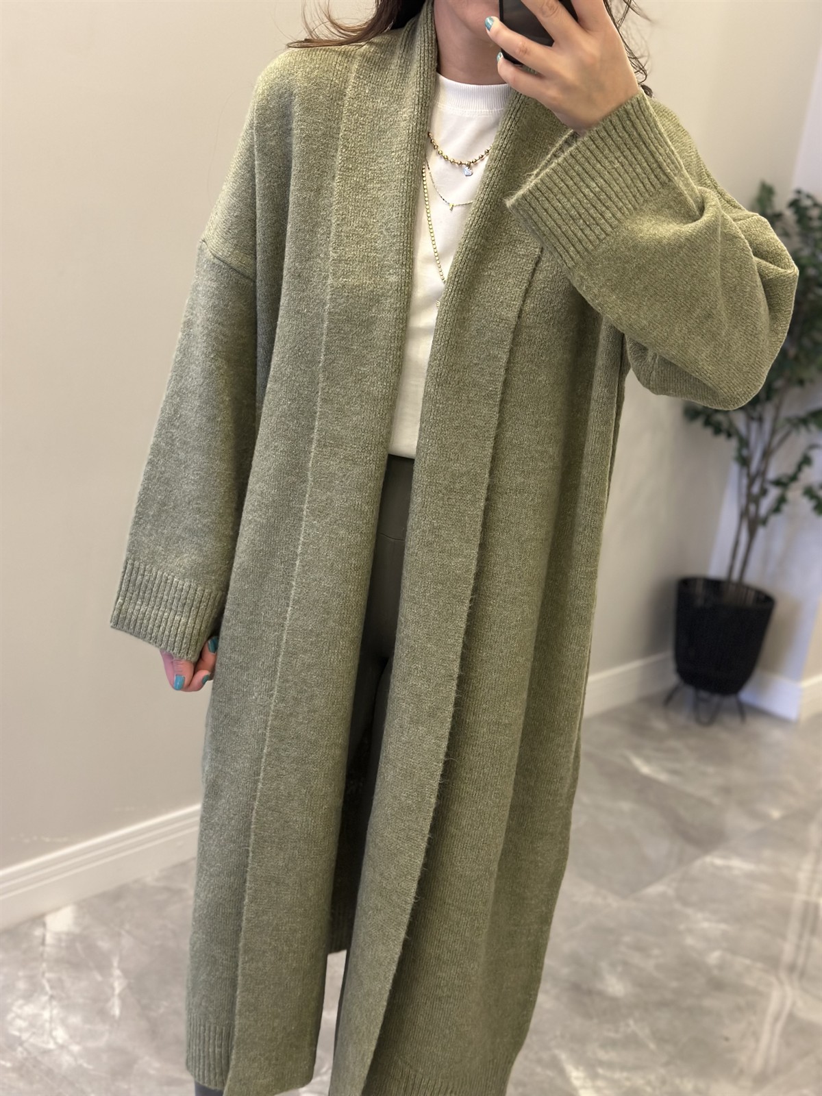 Önü Açık Şal Yaka Hırka - Yeşil