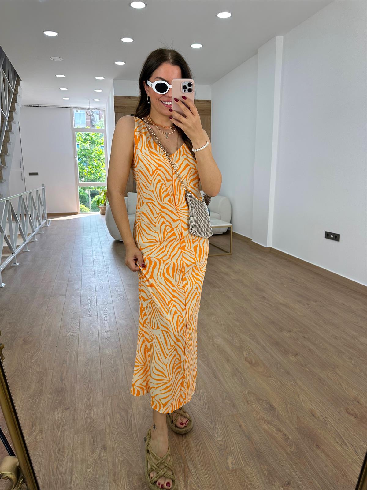 Önü Arkası V Zebra Elbise-Turuncu