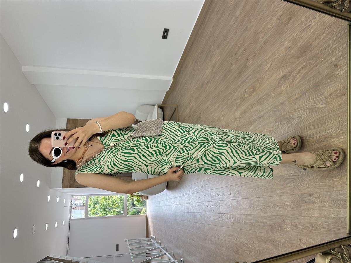 Önü Arkası V Zebra Elbise-Yeşil