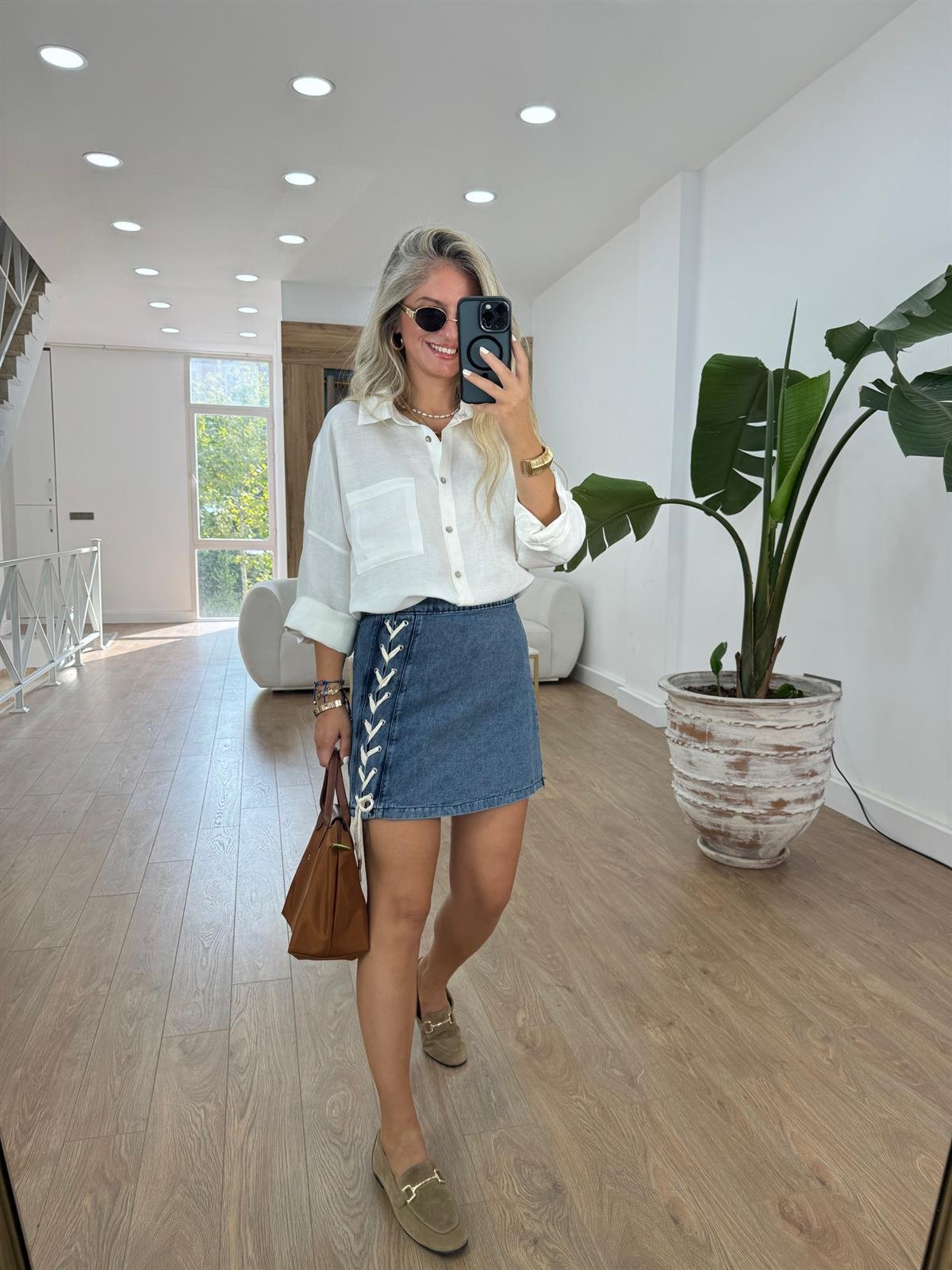 Önü Bağcık Detaylı Denim Etek 