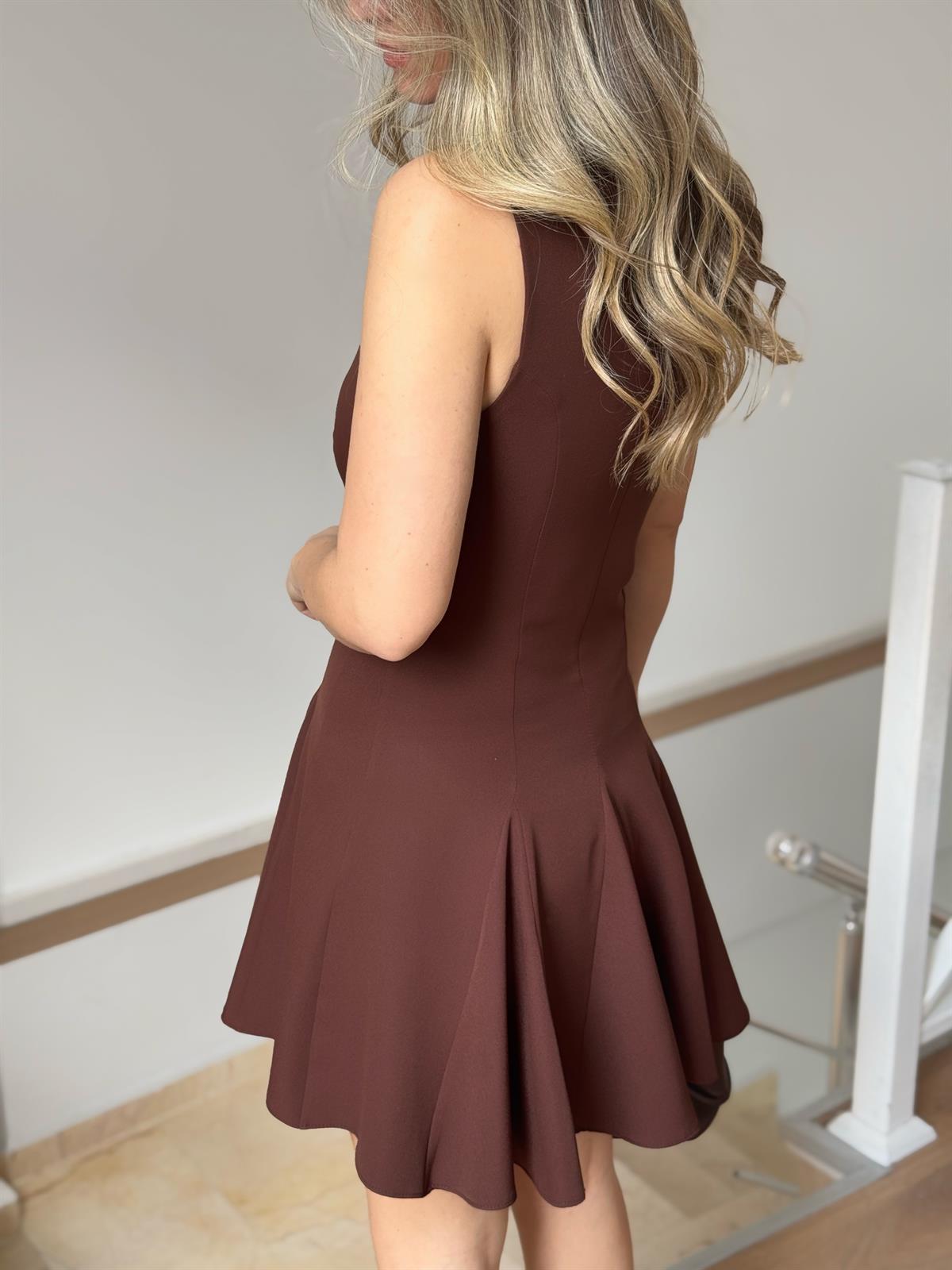 Önü Bağcıklı Volanlı Mini Elbise - Kahverengi