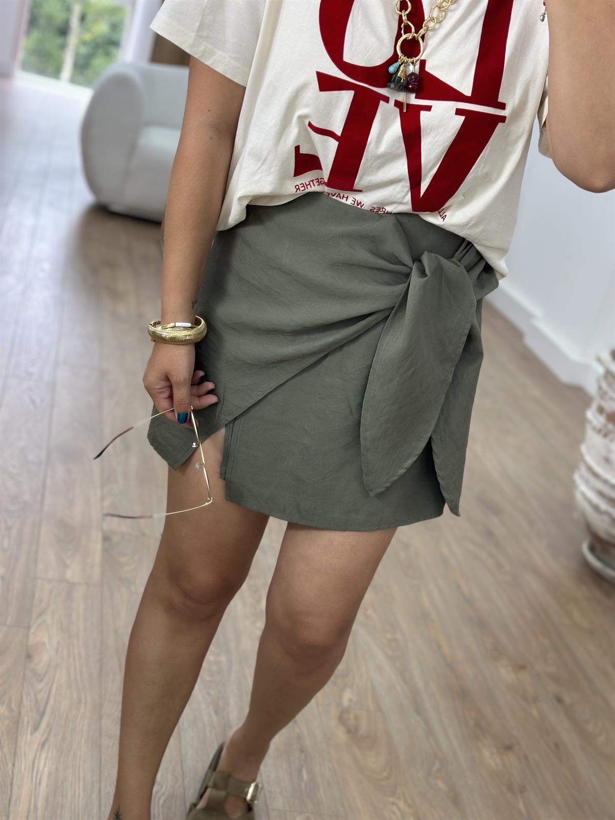 Önü Bağlamalı Modal Şort Etek-Haki