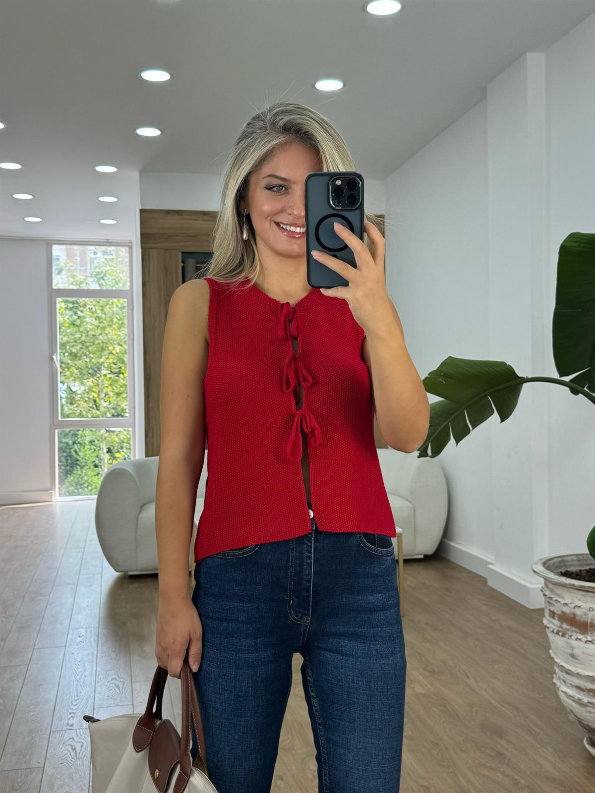 Önü Bağlamalı Triko Yelek - Kırmızı 