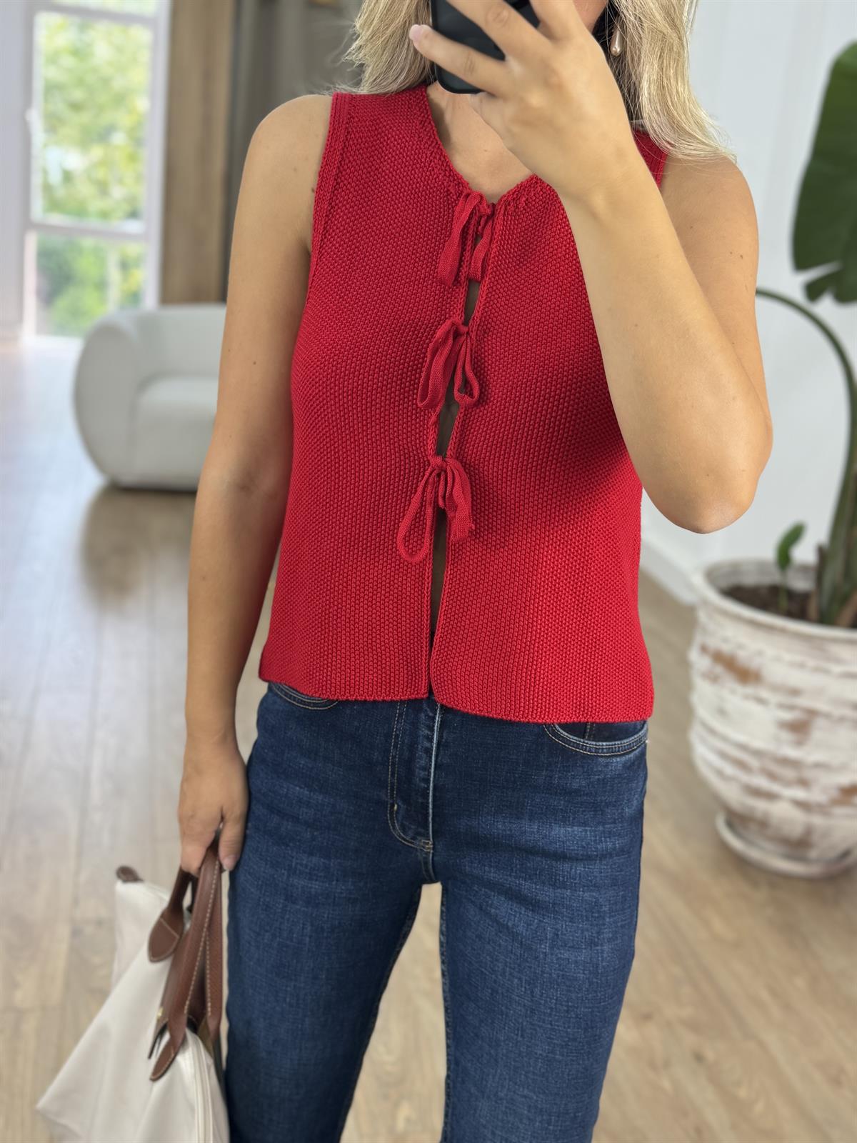 Önü Bağlamalı Triko Yelek - Kırmızı 