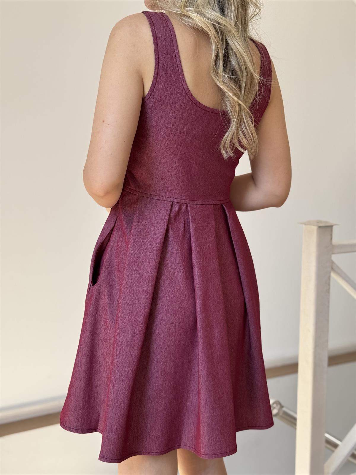 Önü Cep Detaylı Denim Elbise - Bordo 