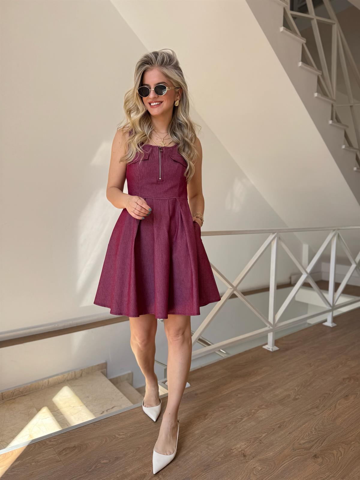 Önü Cep Detaylı Denim Elbise - Bordo 