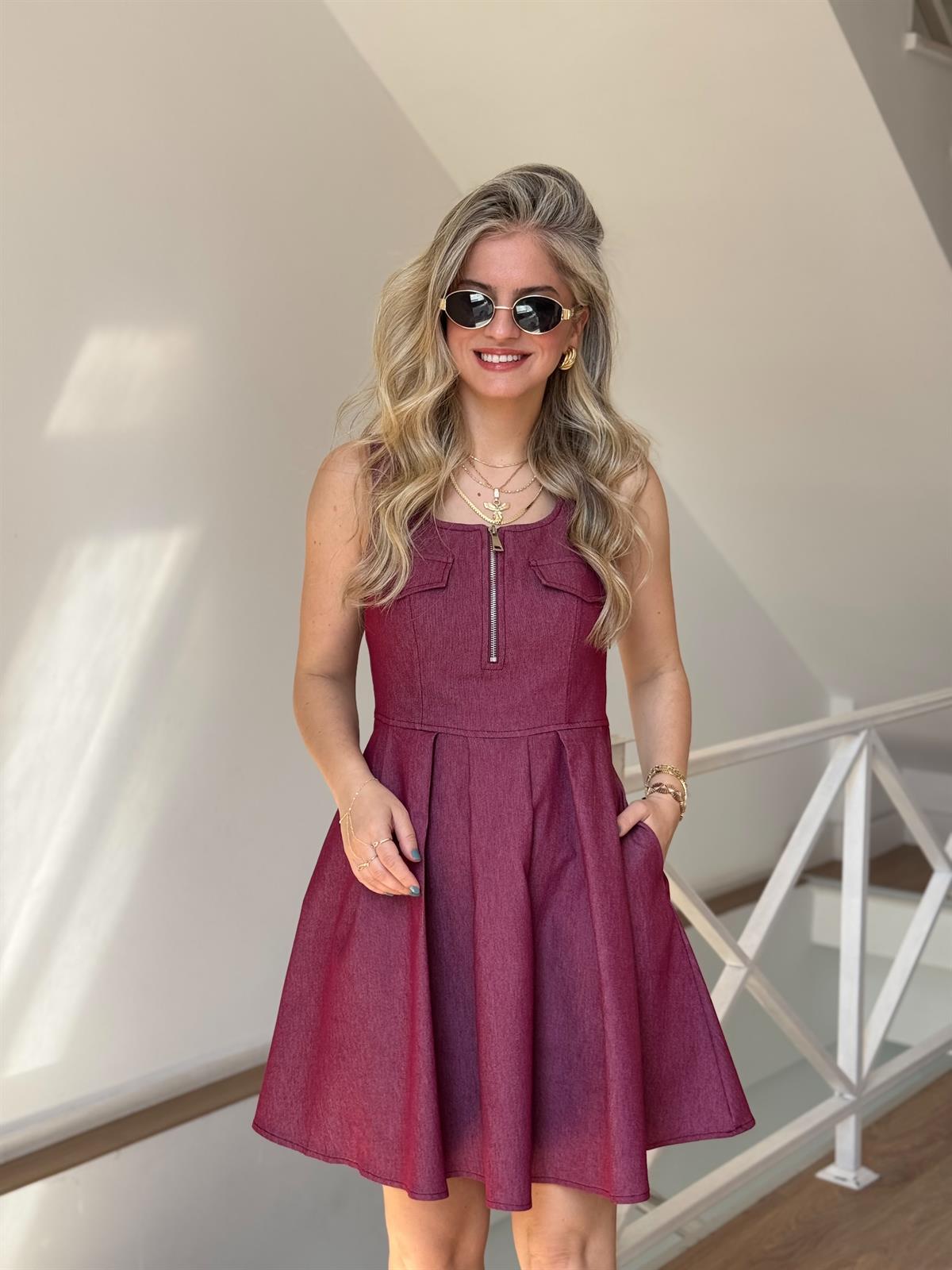 Önü Cep Detaylı Denim Elbise - Bordo 