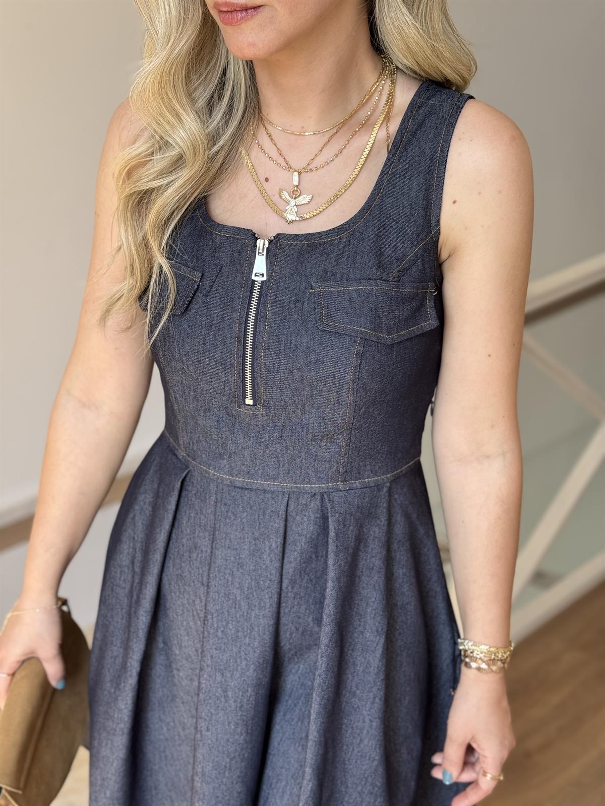 Önü Cep Detaylı Denim Elbise - Lacivert