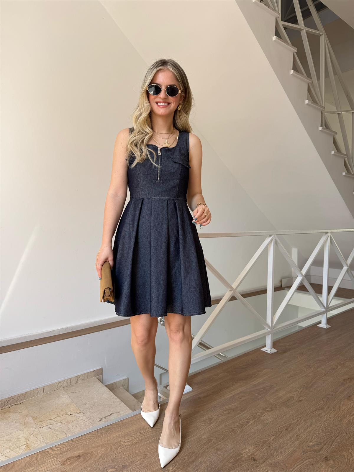 Önü Cep Detaylı Denim Elbise - Lacivert