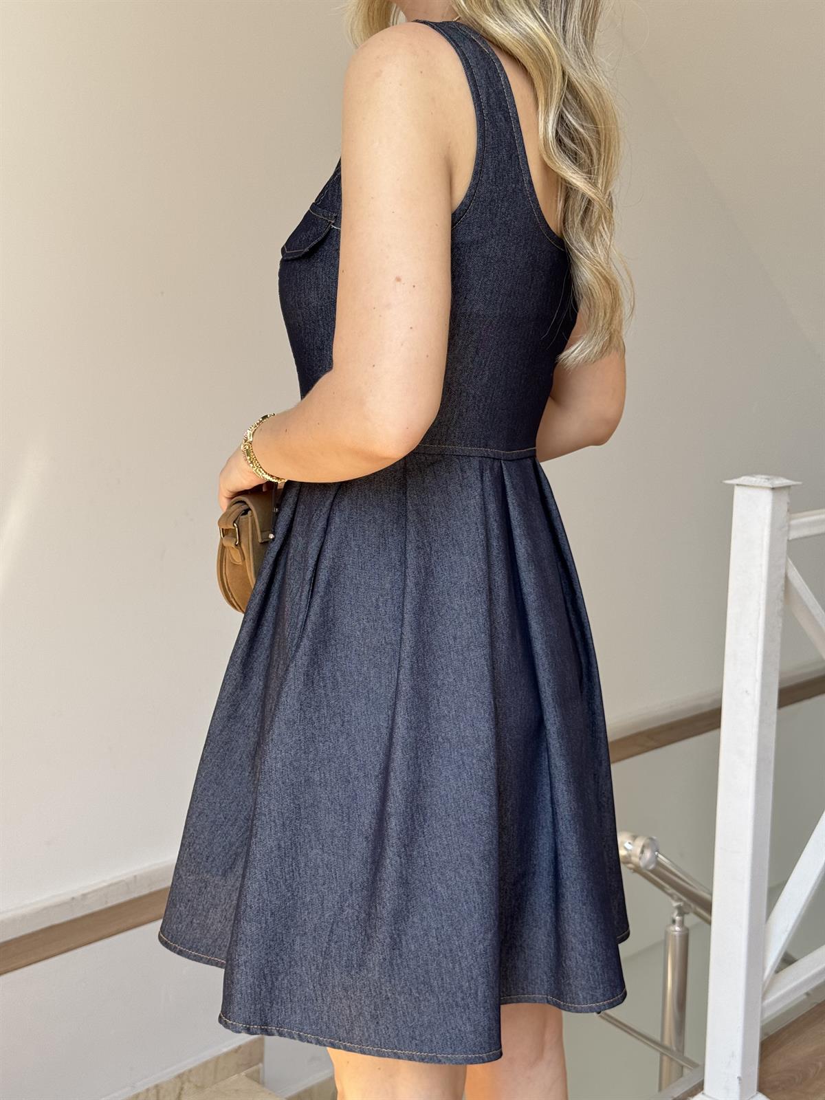 Önü Cep Detaylı Denim Elbise - Lacivert