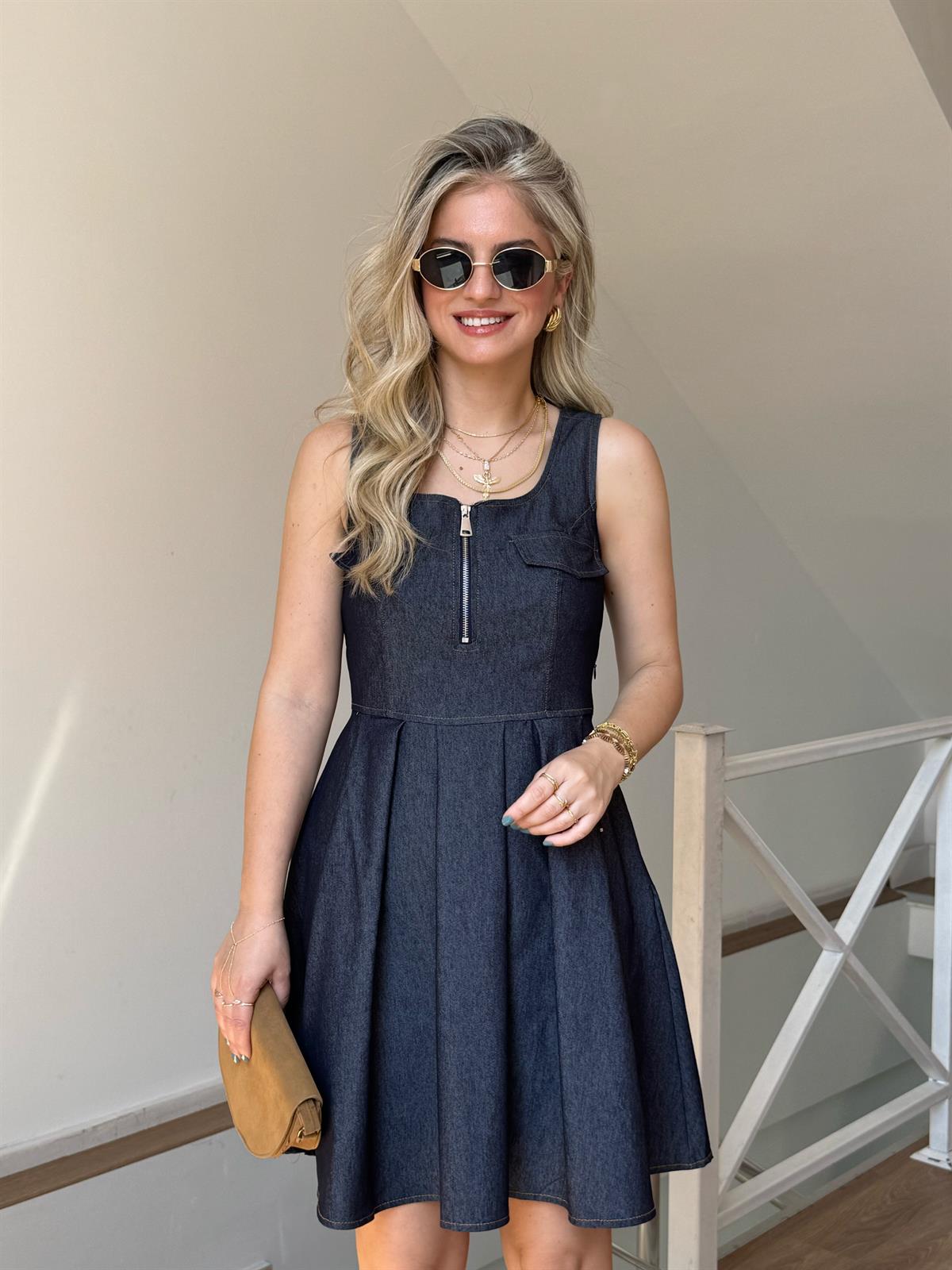 Önü Cep Detaylı Denim Elbise - Lacivert