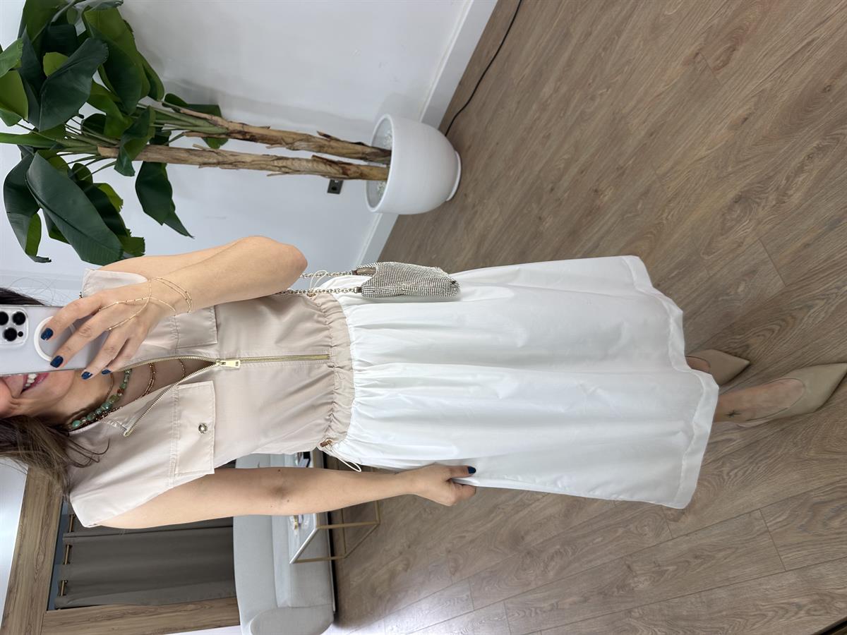 Önü Cep Kapaklı Elbise - Bej