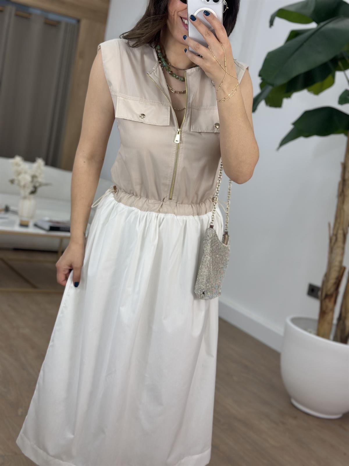 Önü Cep Kapaklı Elbise - Bej