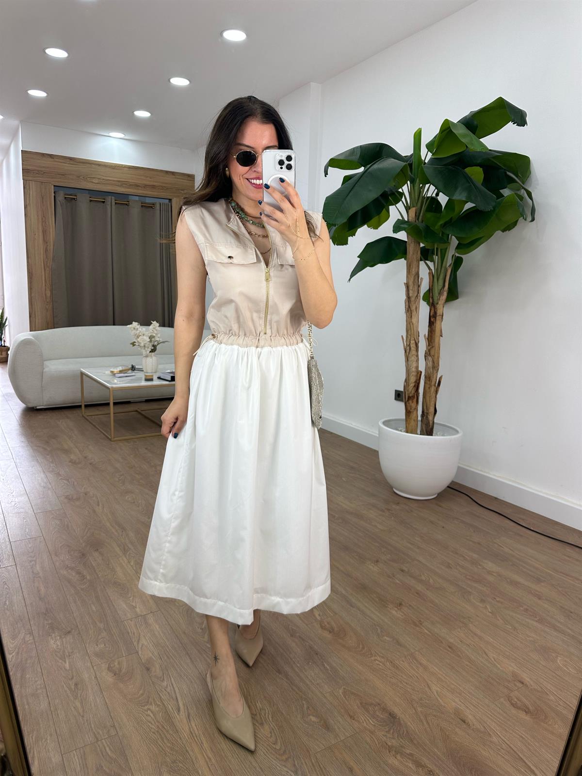 Önü Cep Kapaklı Elbise - Bej