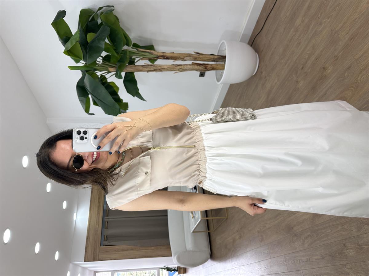 Önü Cep Kapaklı Elbise - Bej